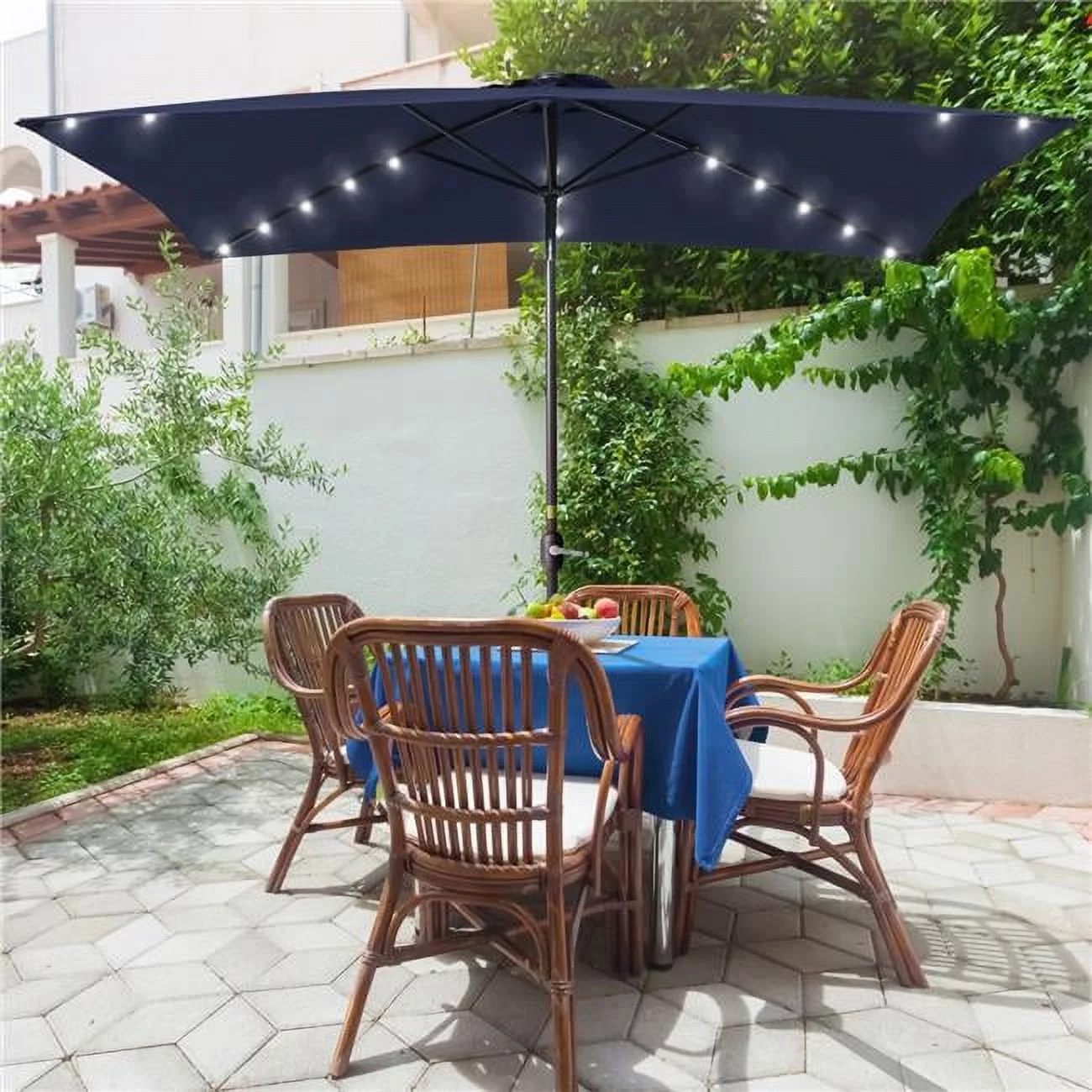 10 ft. x 6.5 ft. Rectangle Solar LED Outdoor Patio Market Table Umbrella with Push Button Tilt and Crank in Navy Blue