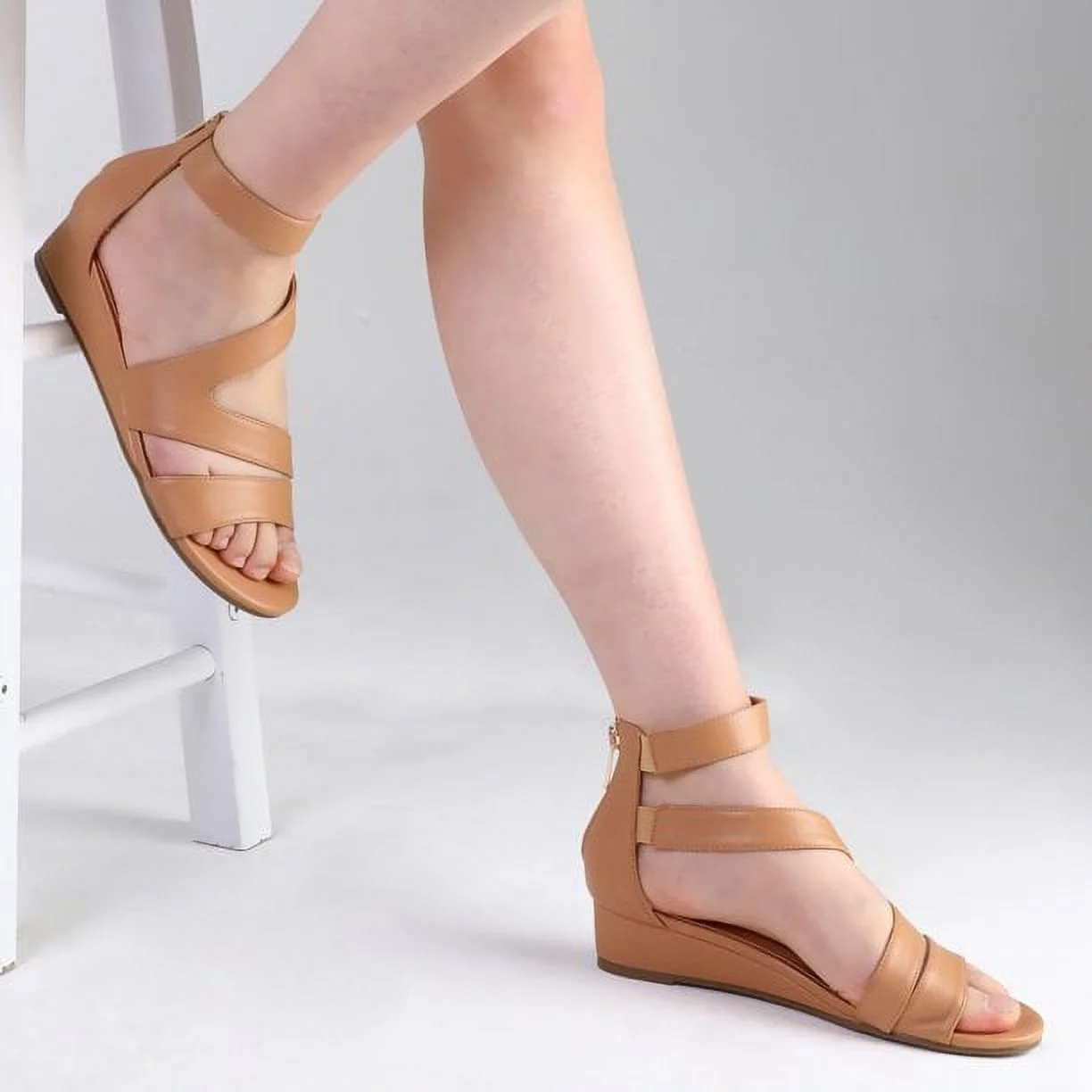 Pennysue Women's Brown Pu Open Toe Shoes Ankle Strap Low Wedge Sandals 6M