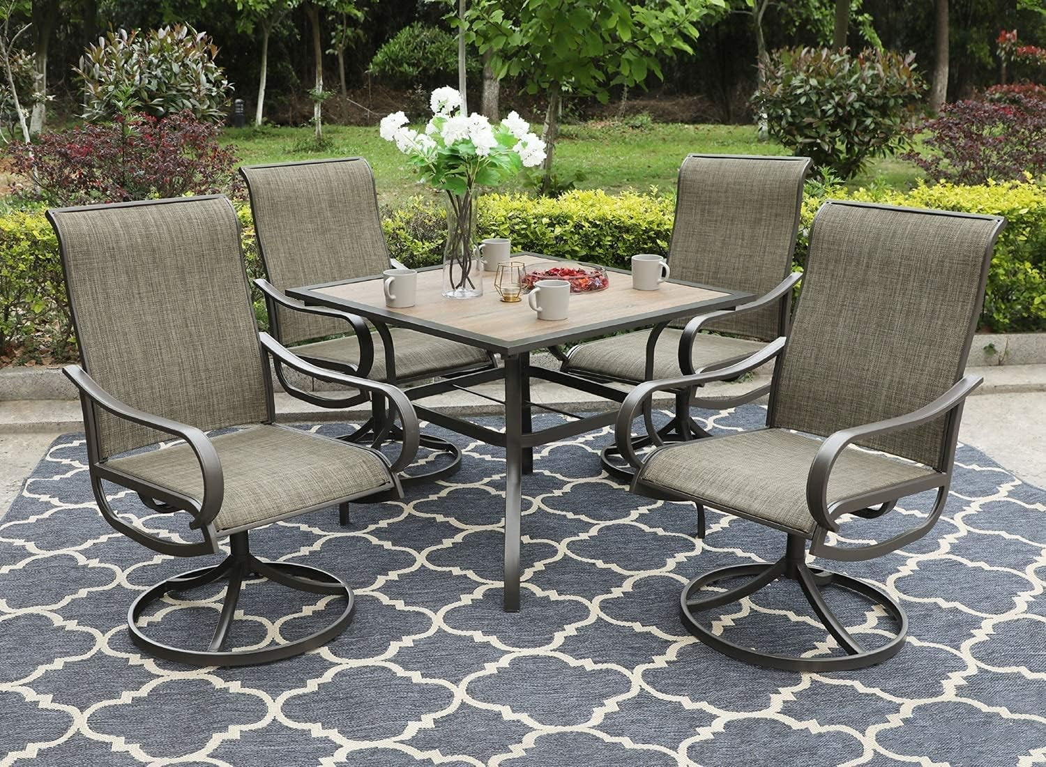 & William Patio Dining Set 5 Pieces Outdoor Furniture Set for 4 Patio Swivel Chairs Textilene with 1 Metal Umbrella Table 6 Person for Lawn Garden