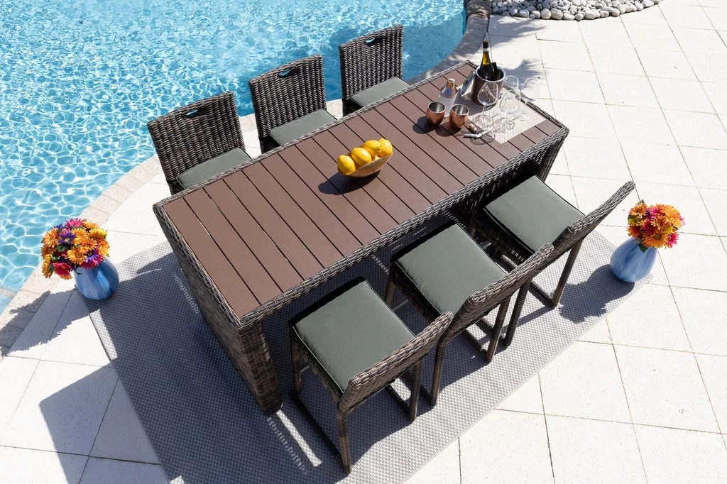 Tuscany 7-Piece Resin Wicker Outdoor Patio Furniture Bar Set with Bar Table and Six Bar Chairs (Half-Round Brown Wicker, Sunbrella Canvas Charcoal)