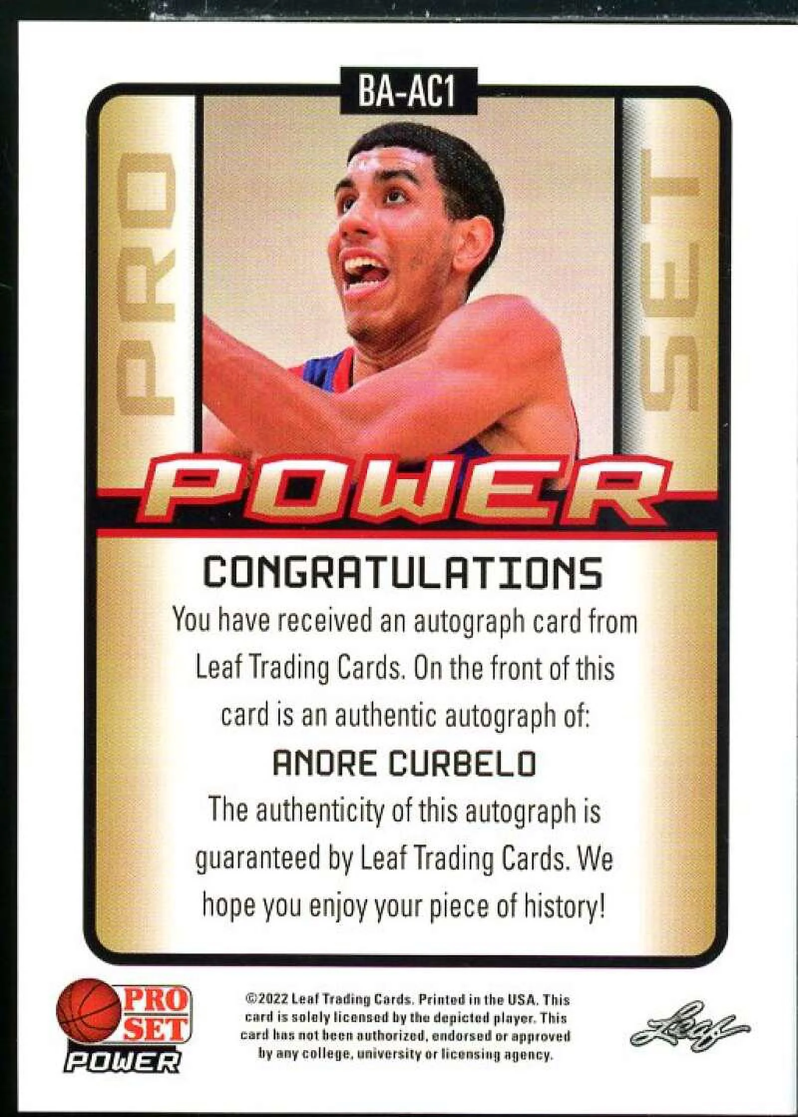 Andre Curbelo Rookie Card 2021-22 Leaf Pro Set Power Silver #BAAC1