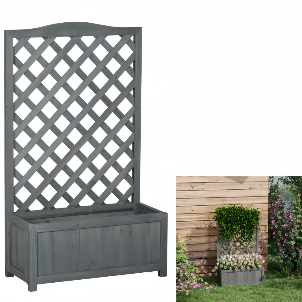 YAHAOLHGD  Planter Flower Box Organizer with Trellis Wood Water-Based Paint Gray
