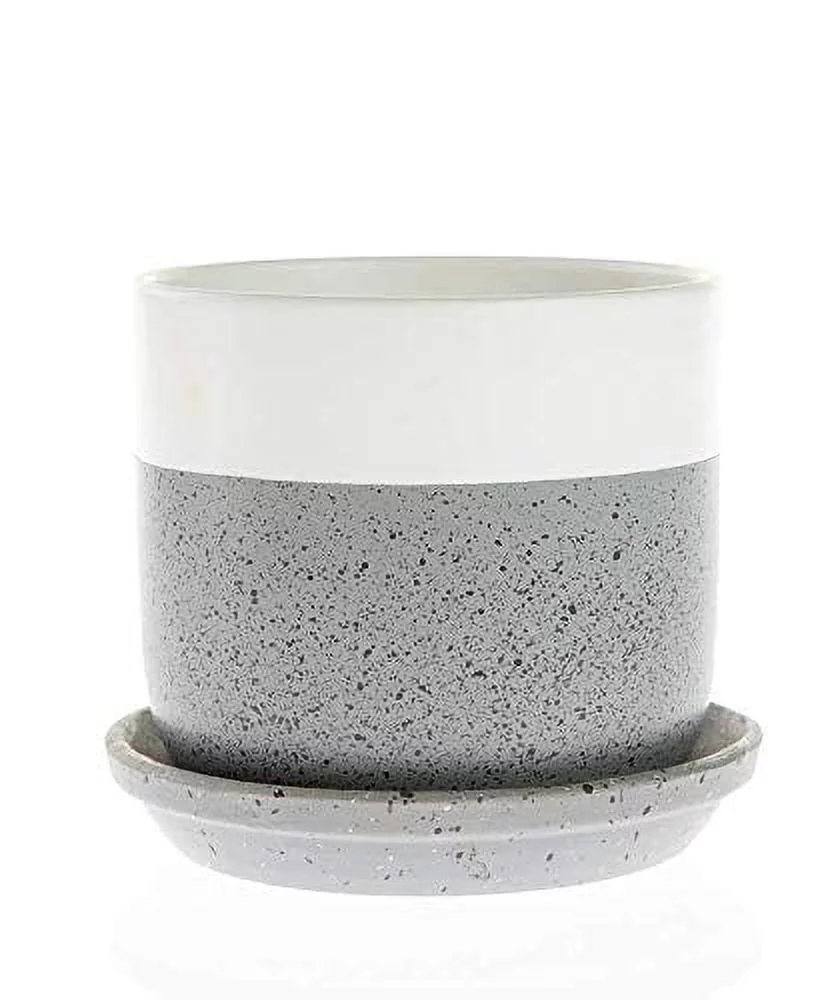 Decorative Ceramic Planter with Saucer (Sand Grey White, 5.5