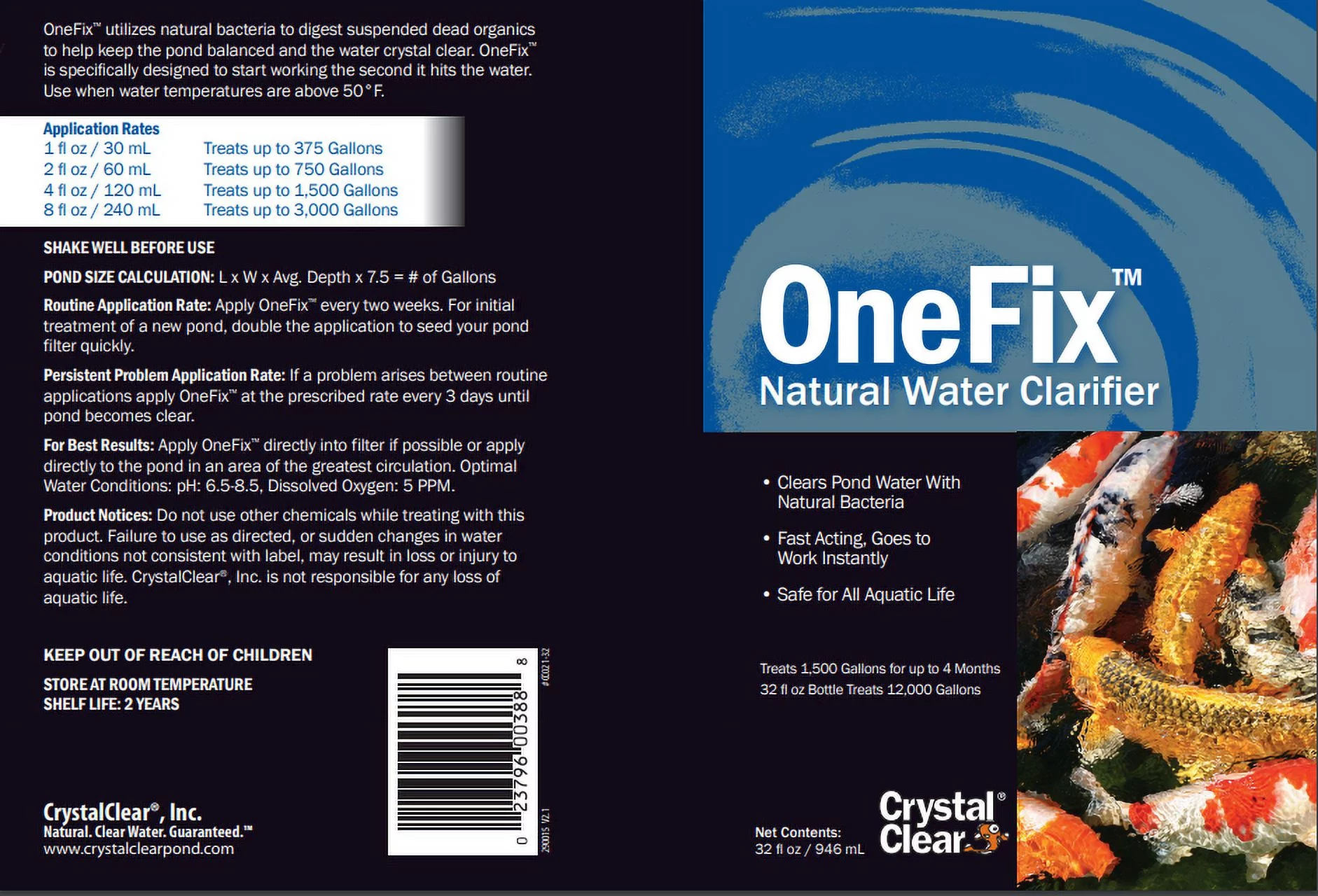 CrystalClear OneFix - Natural Water Clarifier - 32 Ounces Treats up to 12,000 Gallons