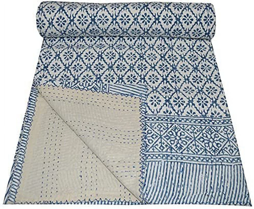 Indian Hand Block Print Kantha Quilt Queen Size Handmade Quilt Kantha Throw Blanket Queen Bedspread Boho Quilt Vintage Gudari Kantha Quilts