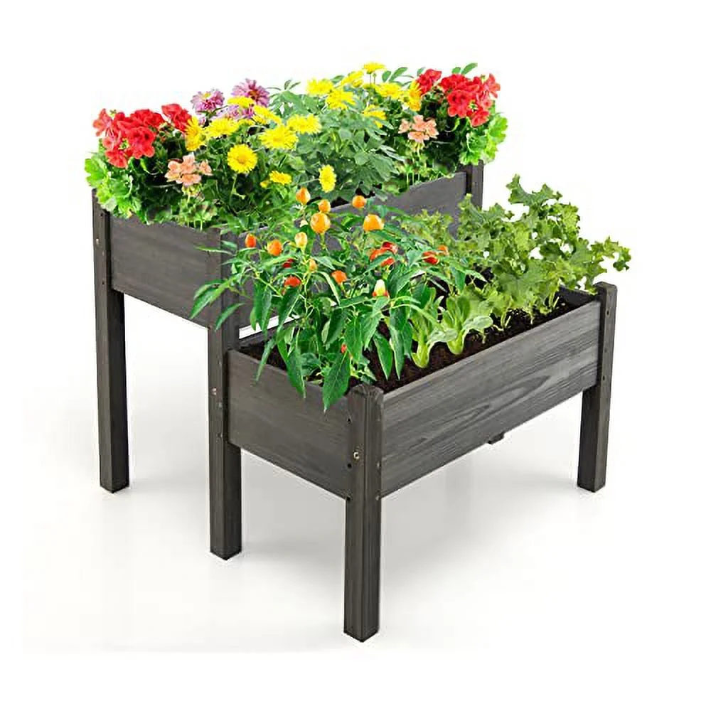 Safstar Raised Garden Bed Set of 2, Wood Elevated Planter Beds with 8 Drainage Holes & 2 Planter Boxes, 3.5 Cu.Ft Outdoor Planting Container for Flowers Vegetables Herbs, Above Ground Rise Garden Beds