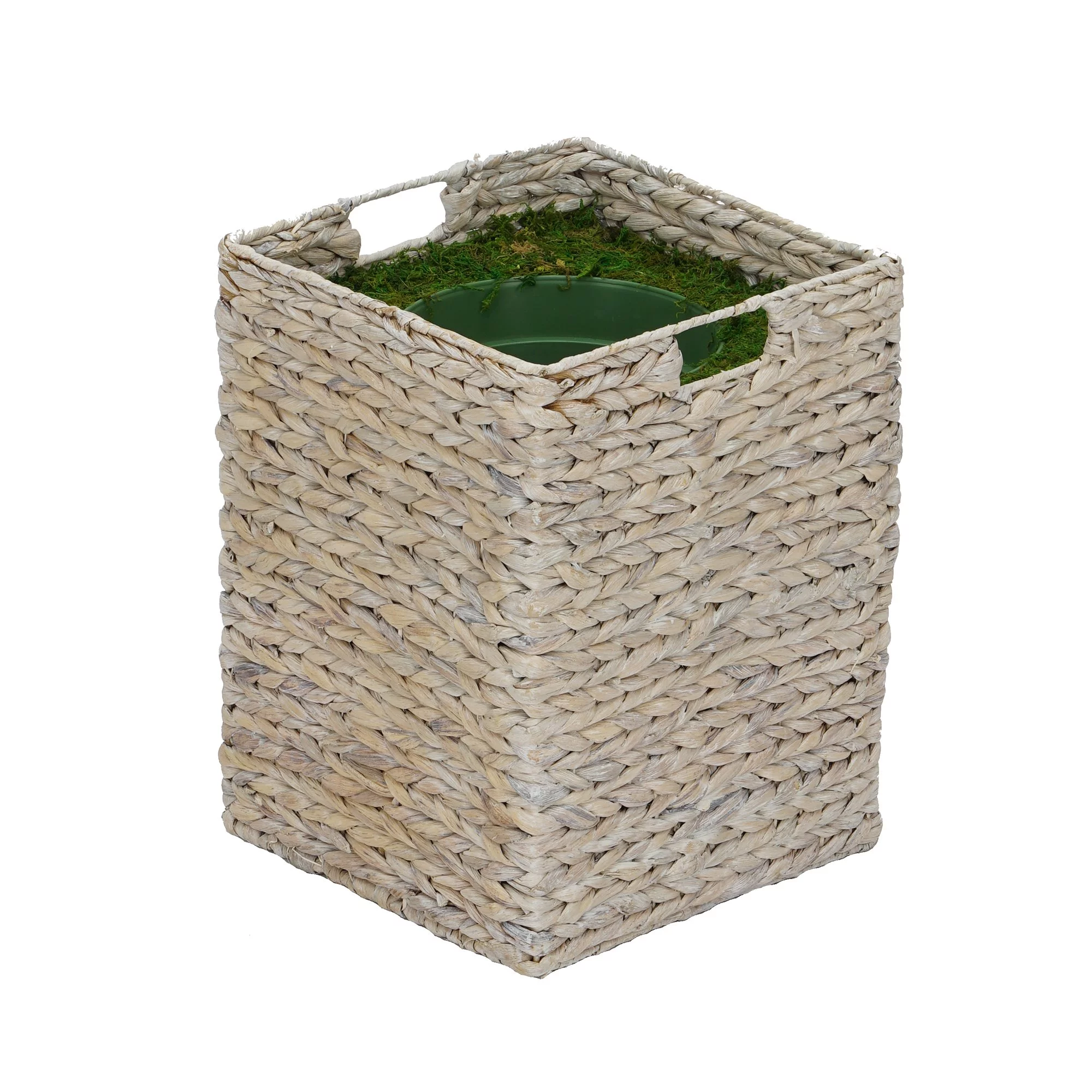 House of Silk Flowers Large Square Water Hyacinth Basket Planter Pot-in-a-Pot (White-Wash)