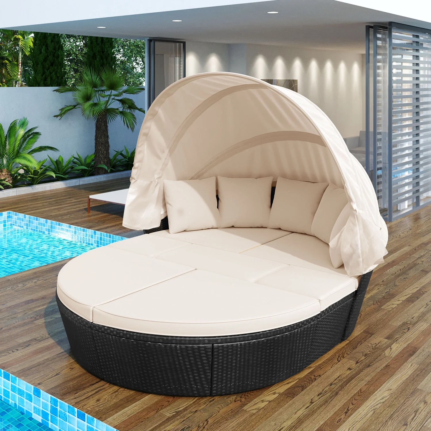 Black Wicker Clamshell Seating with Washable Cushions  Retractable Canopy Round Outdoor Sectional Sofa Set  Beige GO Outdoor Rattan Daybed Sunbed for Backyard and Porch