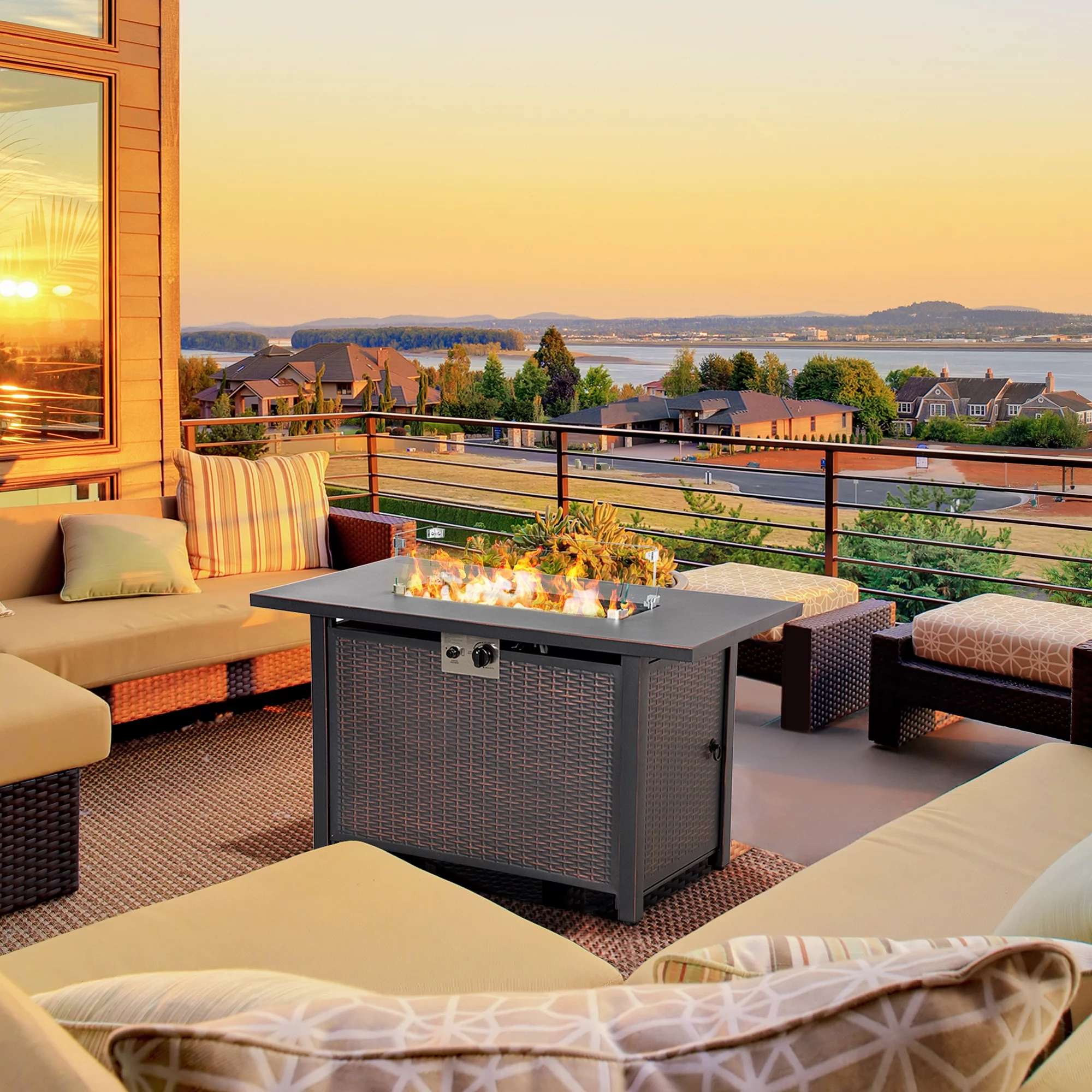 Homiyad 43 Inch Outdoor Propane Gas Fire Pit Table, 50,000 BTU Auto-Ignition Rectangular Wicker-Effect Gas Firepit with Glass Wind Guard, Lid, Glass Beads, Steel Base, Csa Certification, Bronze