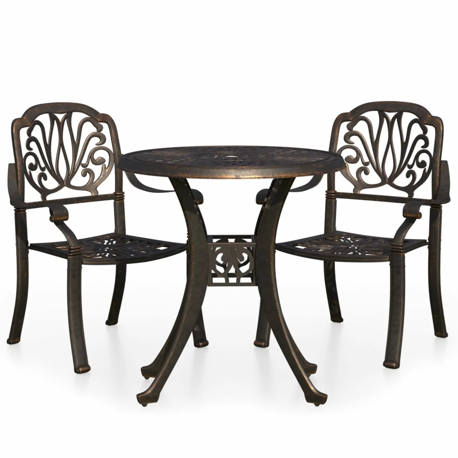 Dcenta 3 Piece Bistro Set, Cast Aluminum 30.7 Inch Diameter Coffee Table with Umbrella Hole and 2 Armchair,  Dining Set for Bar, Patio, Balcony, Garden, Yard, Lawn, Terrace