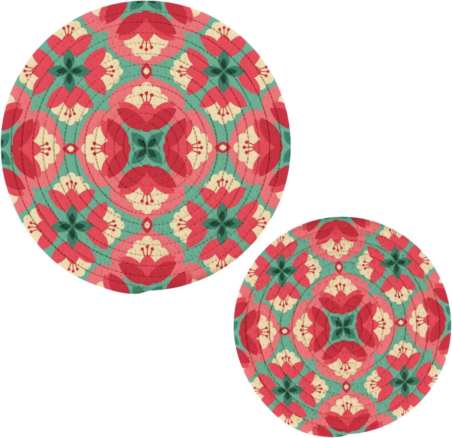 SKYSONIC Pink Flowers Summer Pot Holders Trivets, 2 Pcs Heat Resistant Trivets,Red Floral Funny Cotton Thread Weave Mats for Hot Pads Pans Pot Bowl Teapot for Kitchen Decor