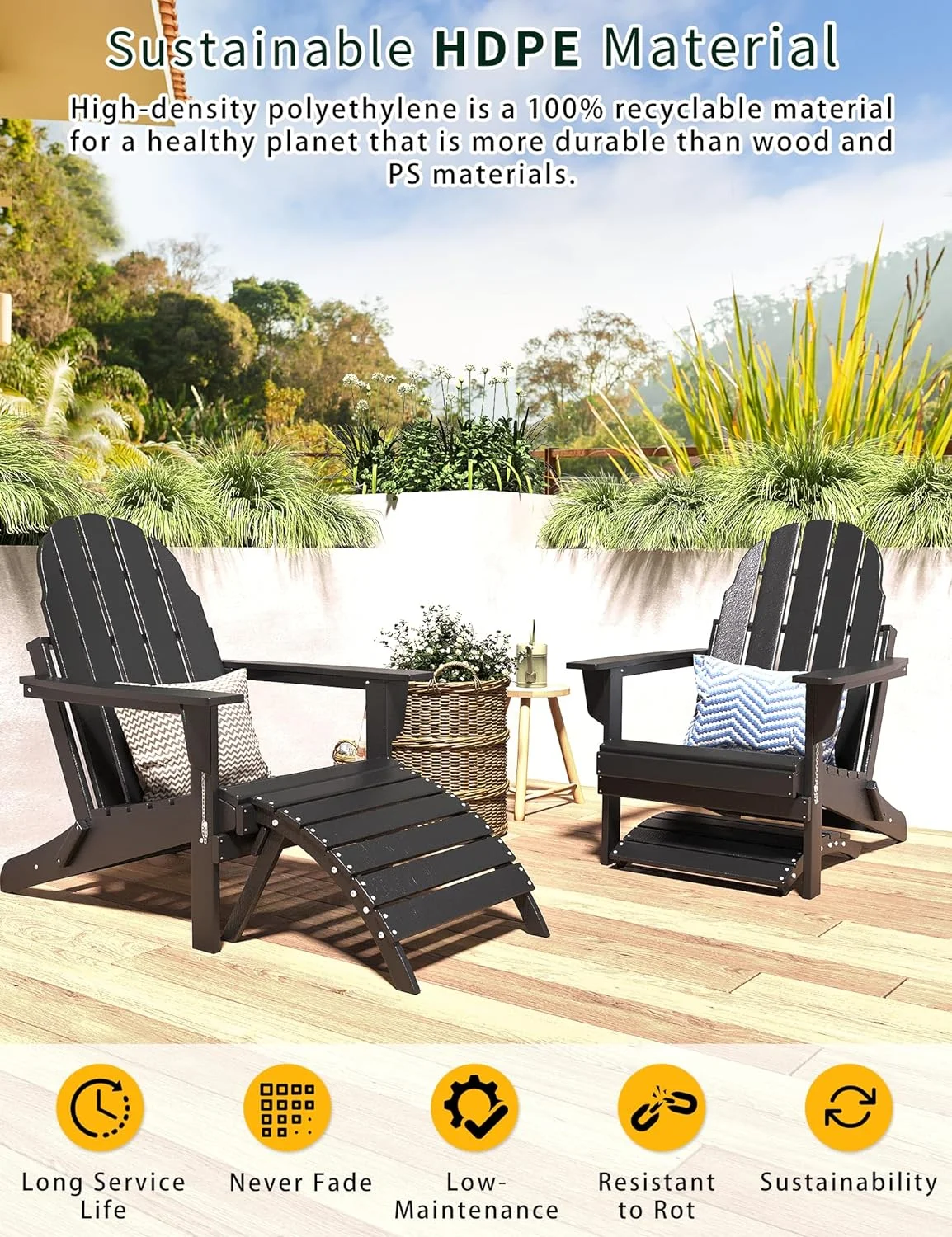 Folding Adirondack Ottoman for Adirondack Chair, HDPE All Weather Outdoor Footrest Poly Lumber Adirondack Footstool for Patio, Backyard, Garden, Easily Storage - Black