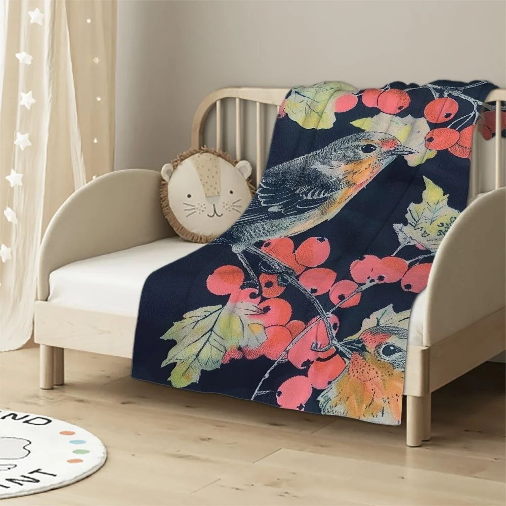 Ullo0ord Robin Birds Throw Blanket Rowan Branches Throw Blanket for Bedroom Sofa Couch Car Deck Chair Soft Flannel Fleece White