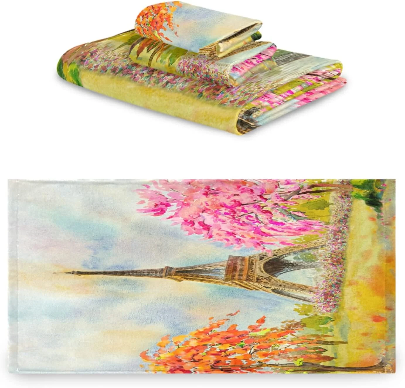 Dreamtimes 3 PCS Towel Beautiful Paris Eiffel Tower Cherry Blossoms Tree Cotton Bath Towel Set (1 Bath Towel, 1 Hand Towel, 1 Washcloth) for Bathroom, Super Soft and Quick Dry Towels