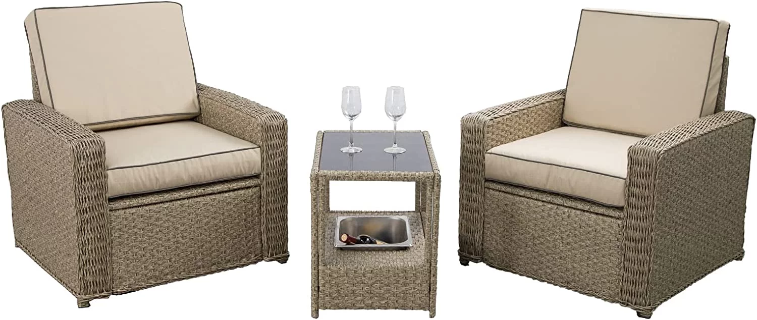 FURNITURE ONE 3 PCS Patio Rattan Furniture Bistro Set Cushioned Sofa Chair Glass Table with Ice Bucket Garden Armchair Set