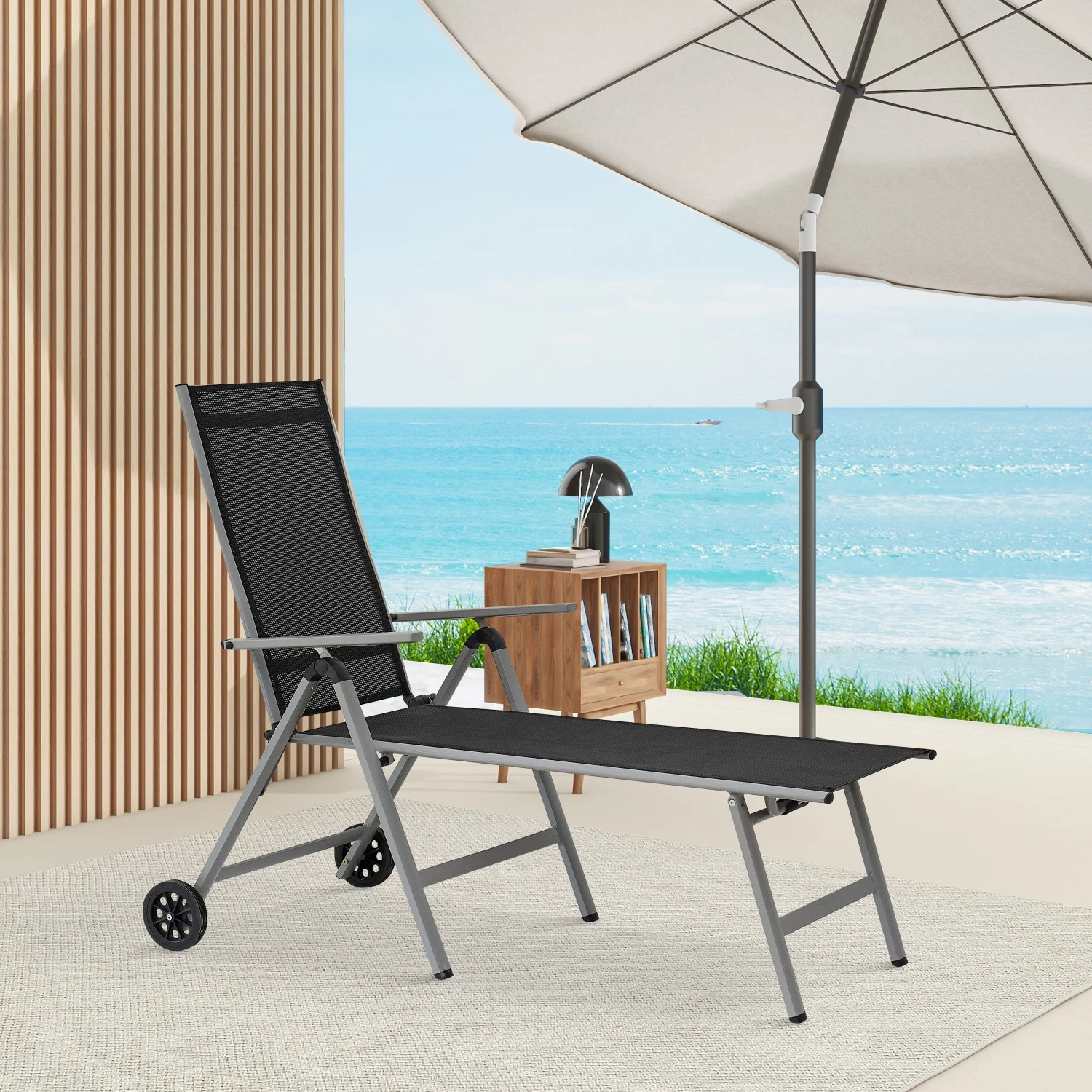 Experience the Ultimate Comfort and Style with this Stylish  Lightweight  and Durable Grey Aluminum Outdoor Chaise Lounge Chair. Featuring Adjustable Back and Wheels for effortless mobili