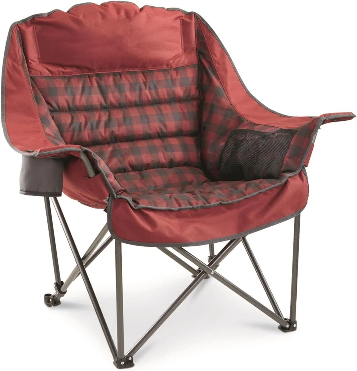 Oversized Extra Large Padded Camping Chair, Portable, Folding, Large Camp Lounge Chairs for Outdoor, Adults, Men and Women, Heavy-Duty 400 Pound Capacity, with Cup Holder Red Plaid