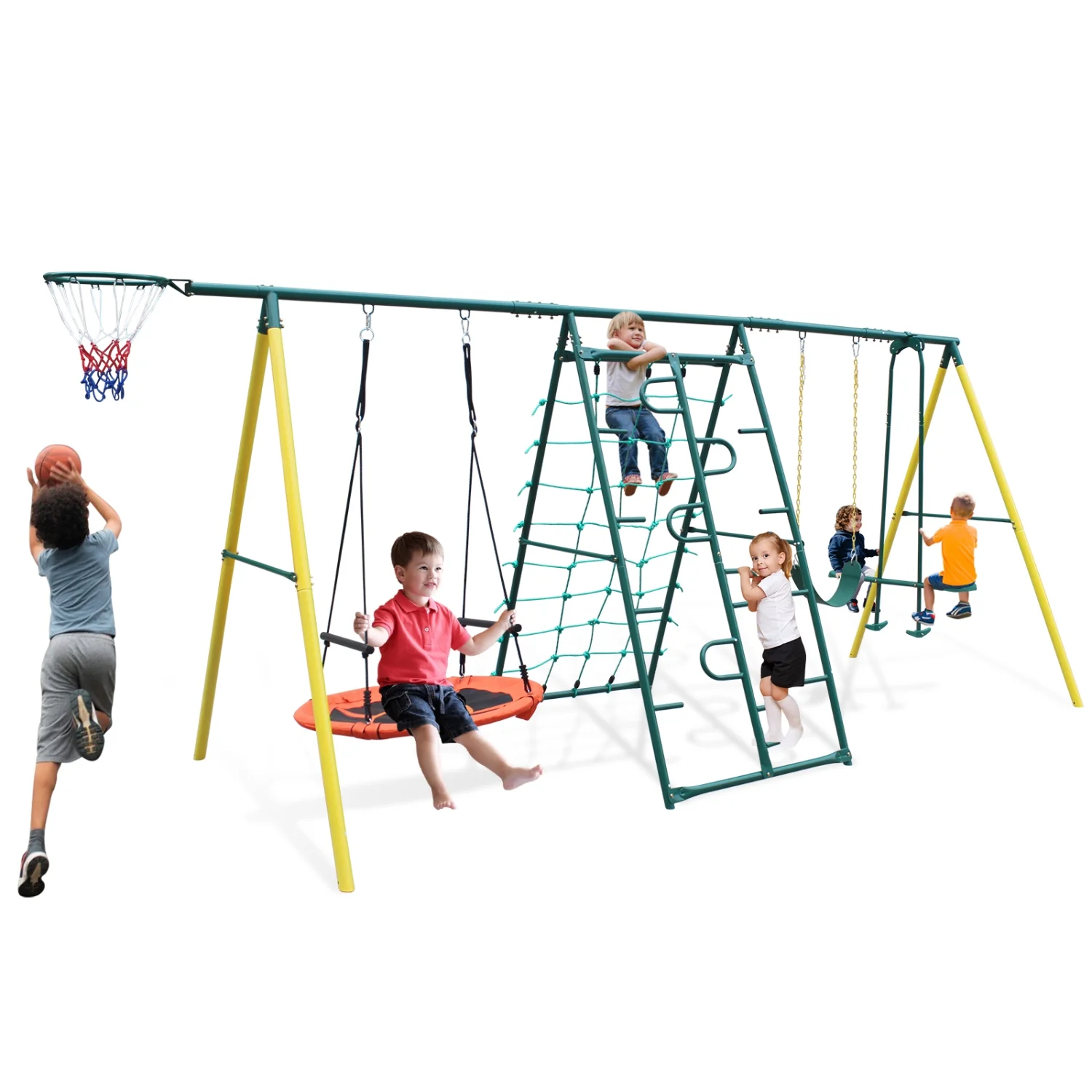 Add some excitement to your backyard with the Durable Metal Swing Set featuring a Safety Belt - The Ideal Indoor/Outdoor Addition for Endless Hours of Fun and Playtime