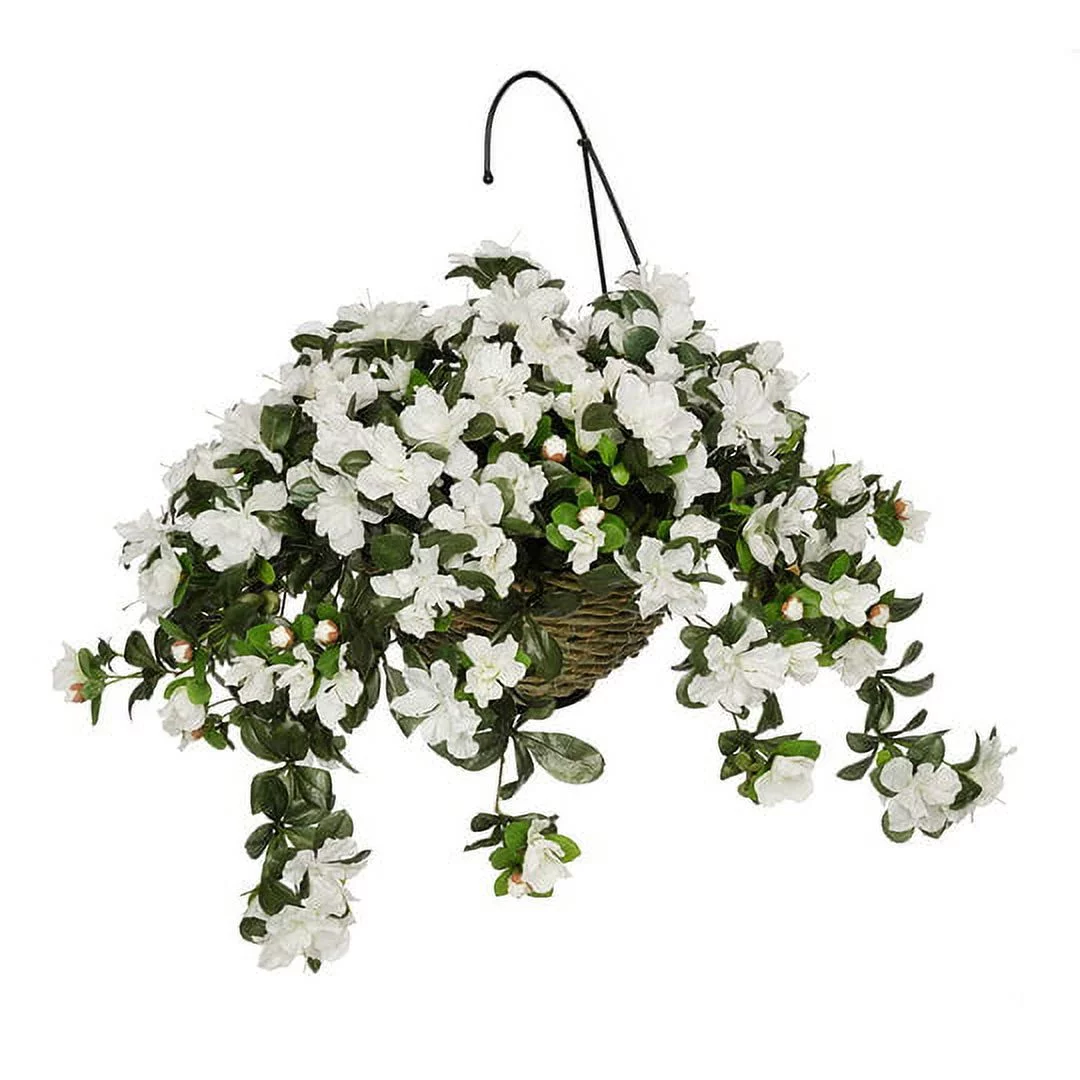 House of Silk Flowers Artificial White Azalea in White Water Hyacinth Hanging Basket