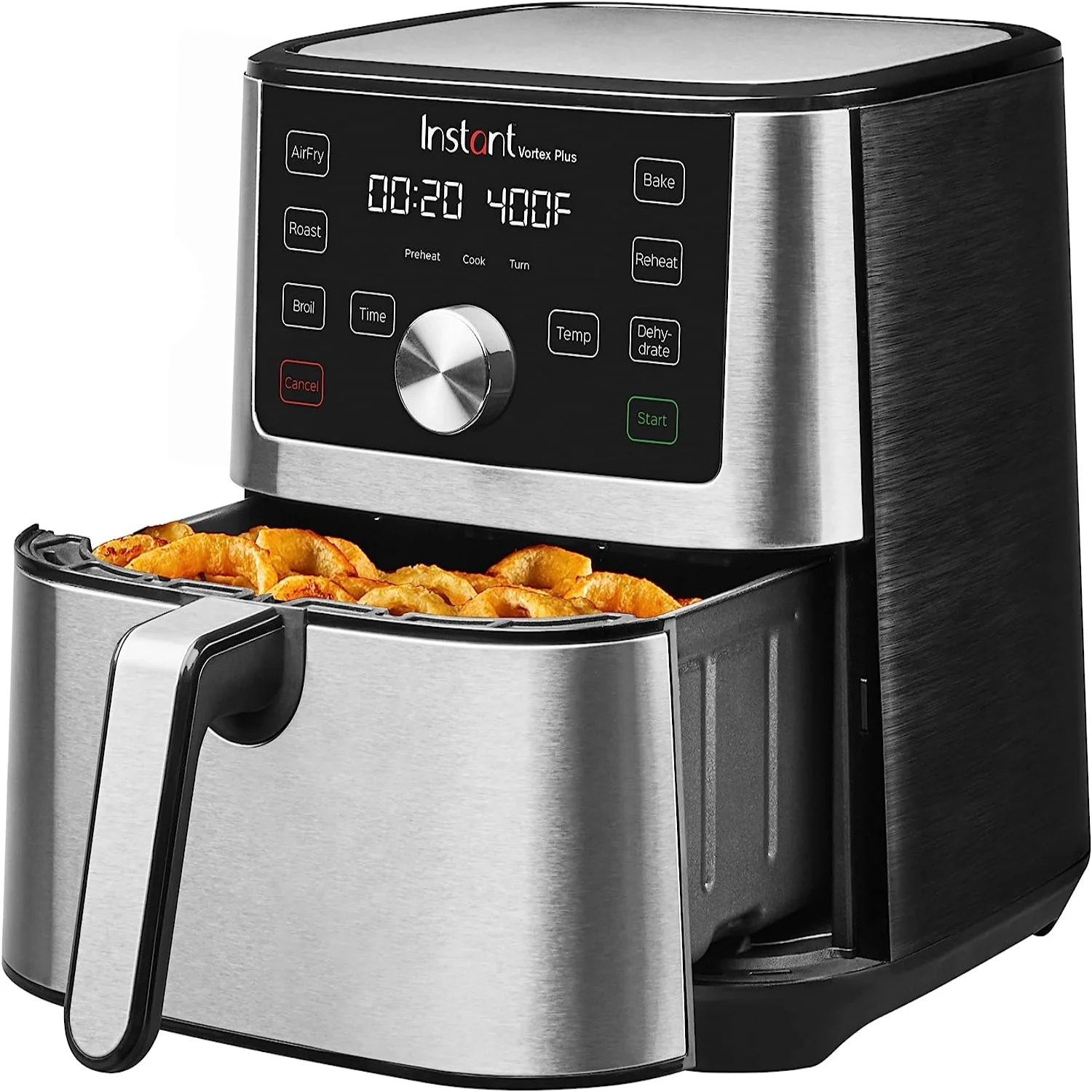 Vortex Plus 4QT Air Fryer  Custom Program Options  6-in-1 Functions Crisps  Broils  Roasts  Dehydrates  Bakes  Reheats  100+ In-App Recipes  from the Makers of  Pot  Stainless Steel
