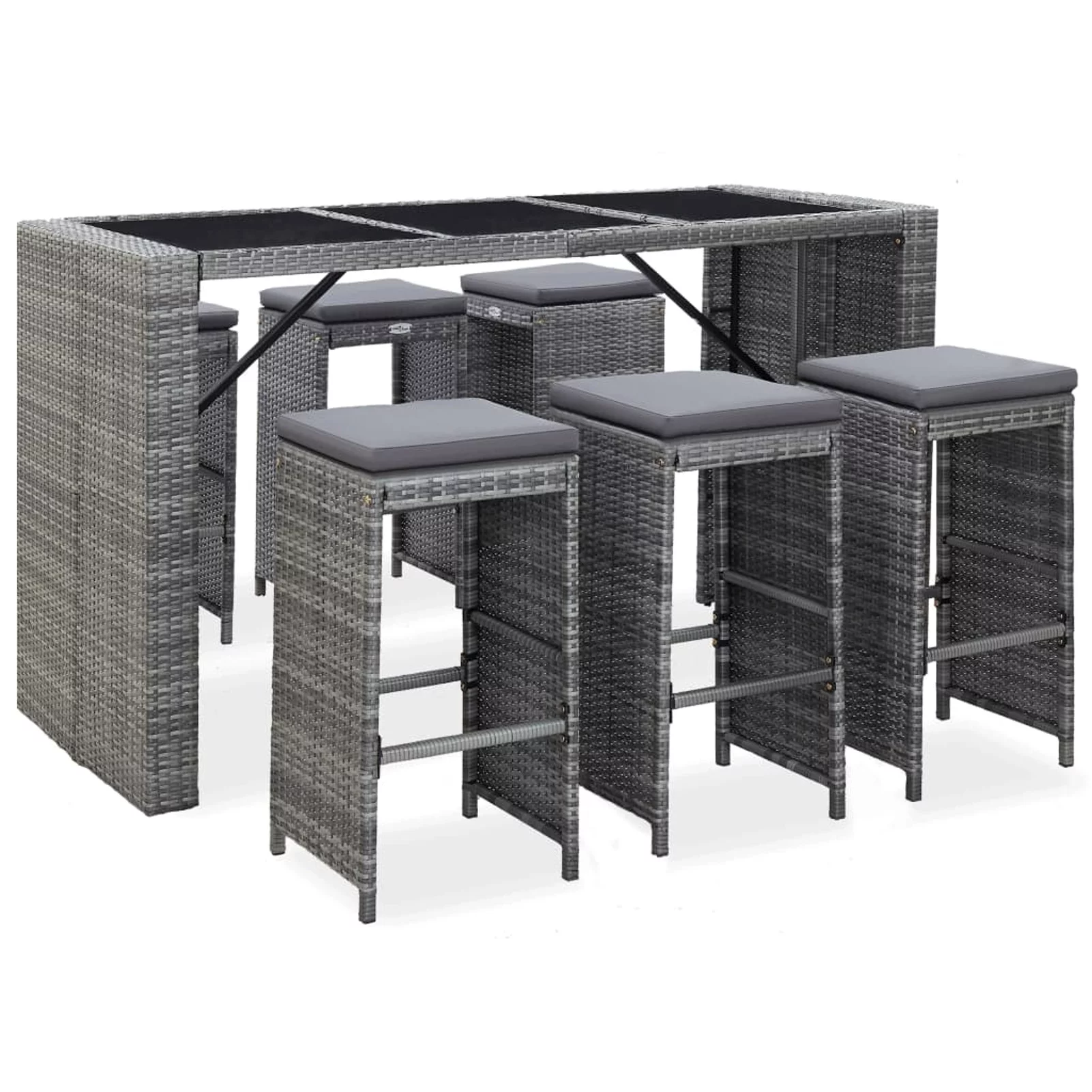 Anself 7 Piece Patio Bar Set with Cushions Poly Rattan Gray