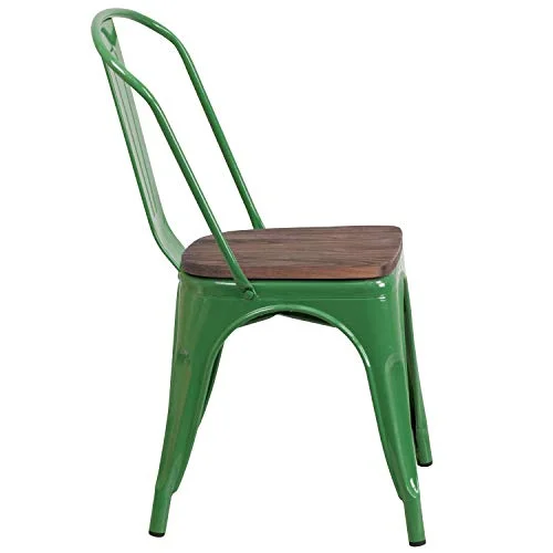 EMMA + OLIVER Green Metal Stackable Chair with Wood Seat