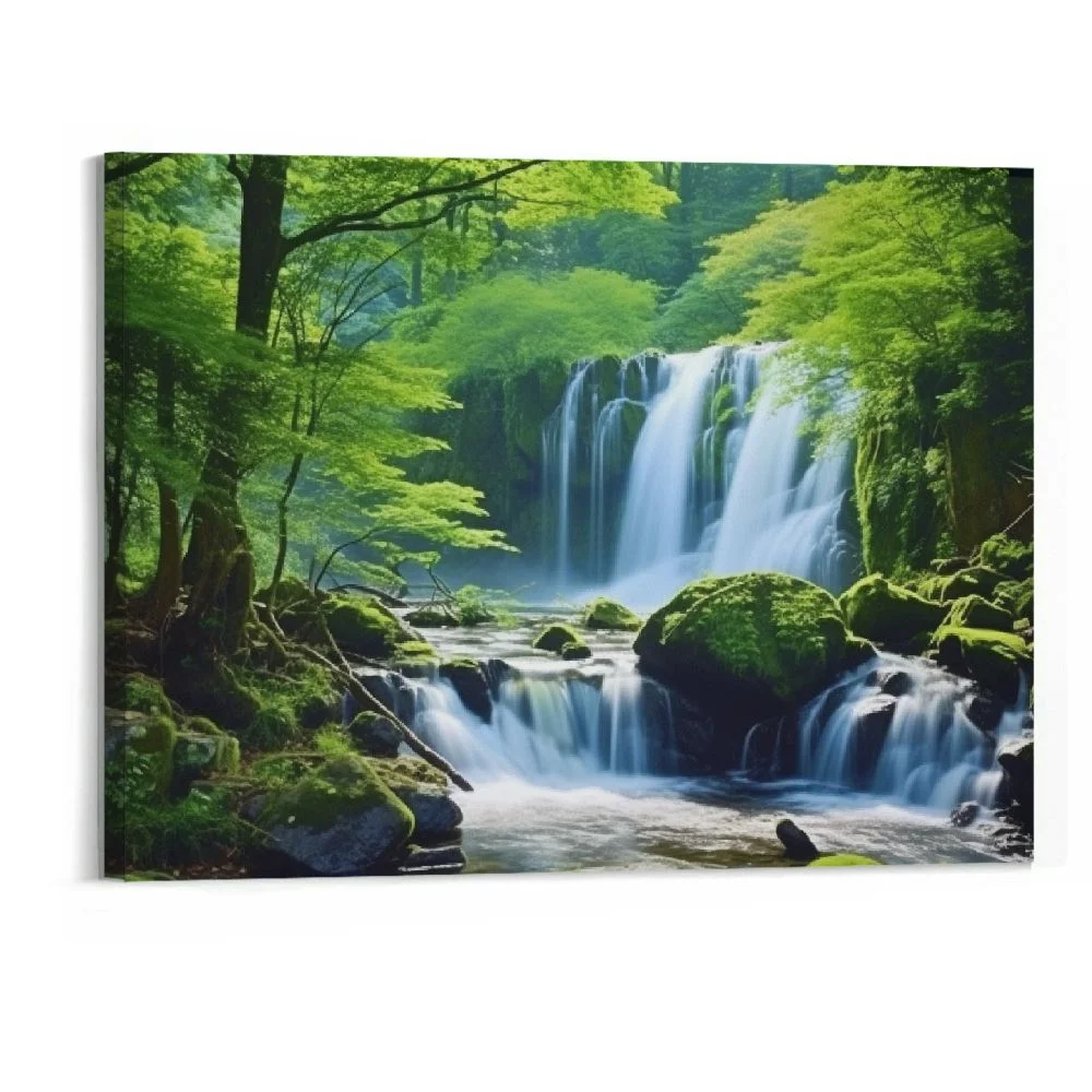PRATYUS Green Forest Canvas Wall Art Waterfall Pictures Wall Decor Green Nature Landscape Canvas Painting Calming Nature Scene Canvas Print Artwork for Living Room Bedroom Home Wall Decor 20x16 Inch