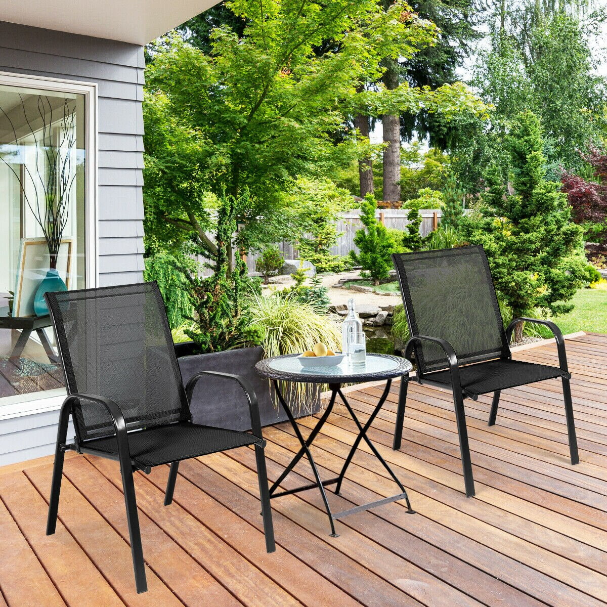 Black 2PCS Patio Chairs Outdoor Dining Chair Durable Garden Deck Yard W/Armrest