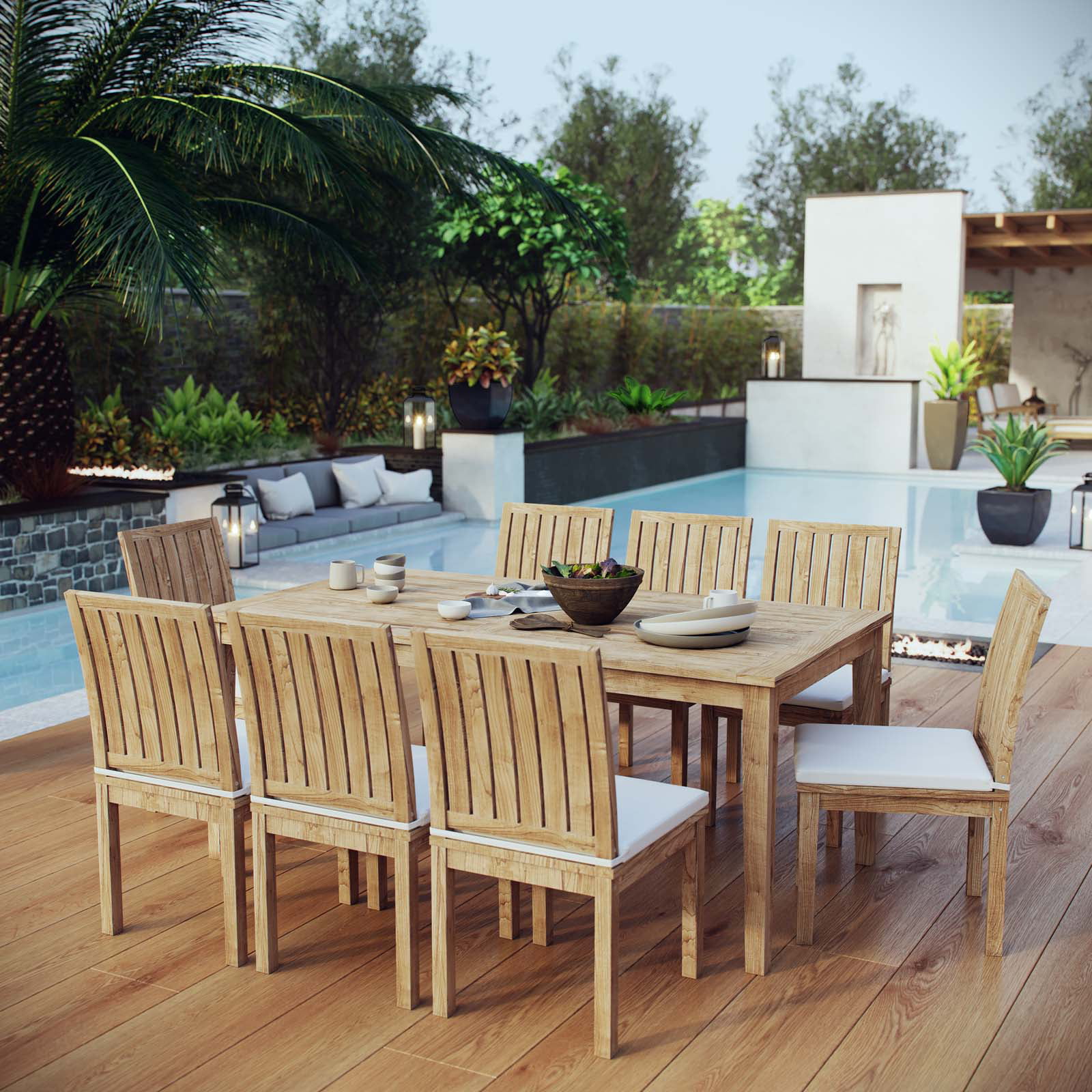 Modern Contemporary Urban Design Outdoor Patio Balcony Garden Furniture Side Dining Chair and Table Set, Wood, White Natural