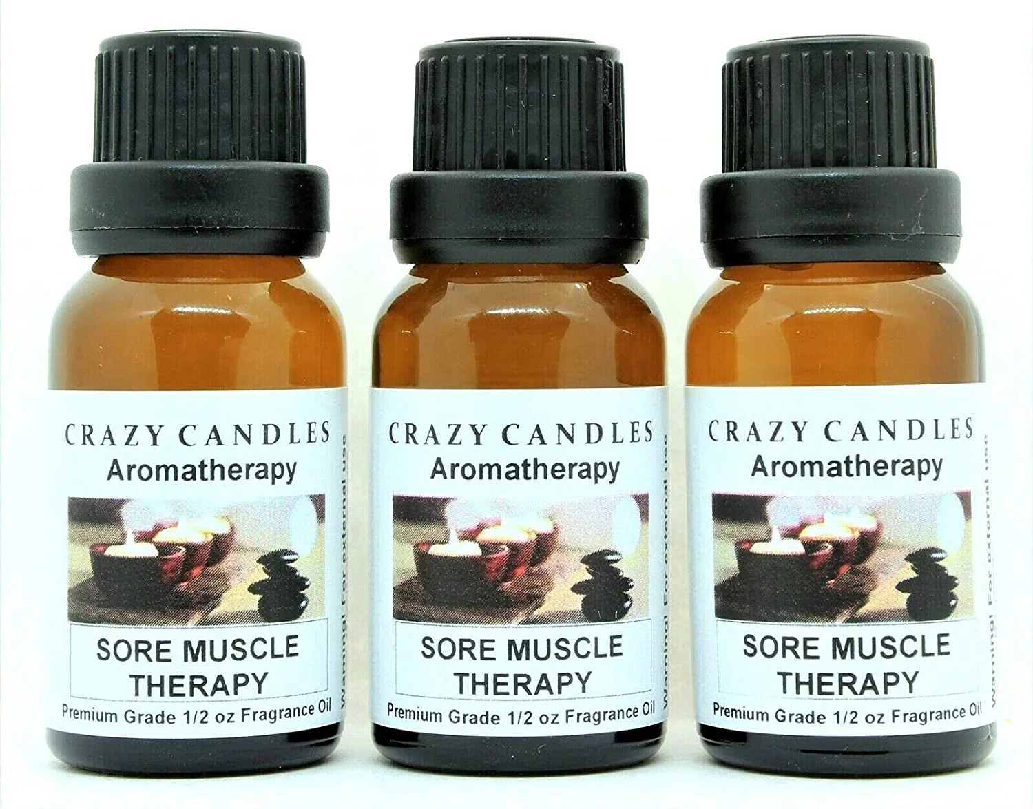 Sore Muscle Therapy (Aromatherapy) 3 Bottles 1/2 fl oz Each (15ml) Premium Grade Scented Fragrance Oil by Crazy Candles (Aroma of Peppermint, Eucalyptus, Lime, Lemon, Rosemary and Camphor)