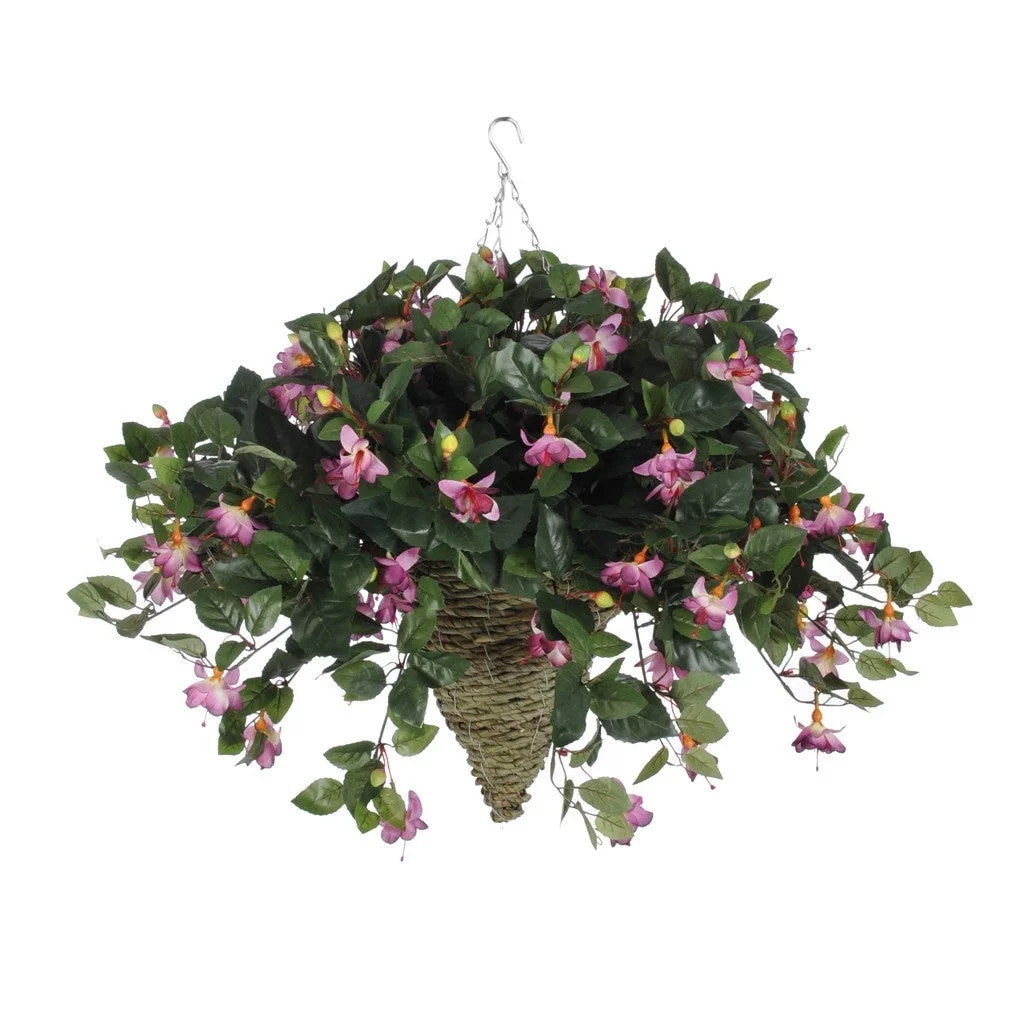 Faux Pink Fuchsia Flower Hanging Basket White Water Hyacinth