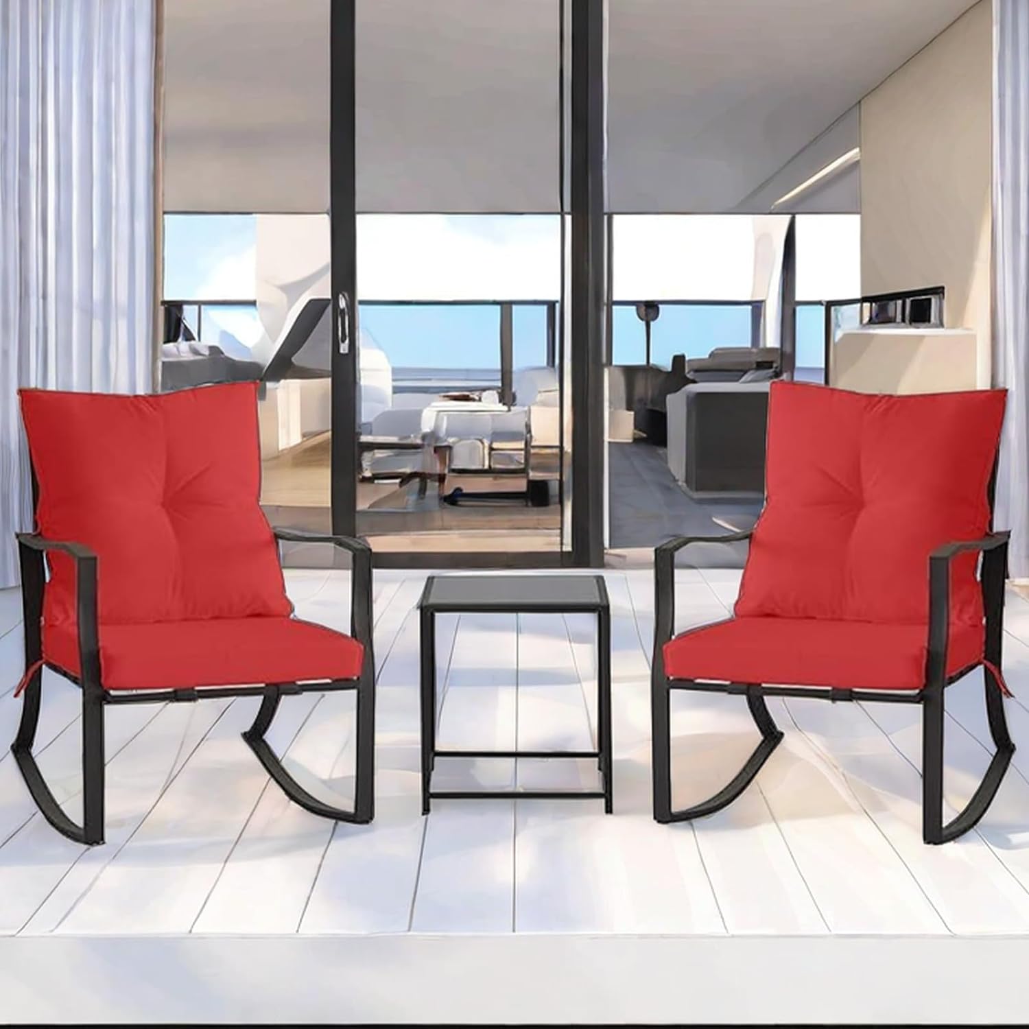 3-Piece Outdoor Rattan Rocking Chair Set for Apartment Balcony  Garden  Patio  and Front Porch Conversation Area. Includes Bistro Table with Cushions. Ideal for Small Spaces. (Red)