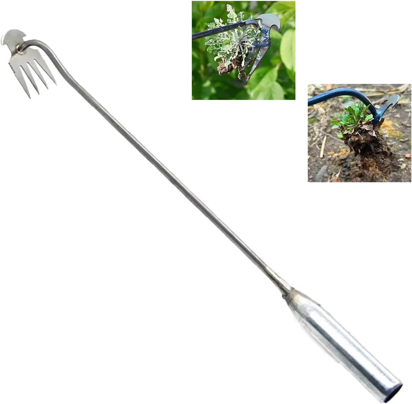 GeSHOP New Weeding Artifact Uprooting Weeding Tool, Hand Weeder Tool Manganese Steel Forged Weed Puller, 4 Teeth Dual Purpose Weeder for Garden Yard Farm Weed Removal (B-20'' Iron Handle)