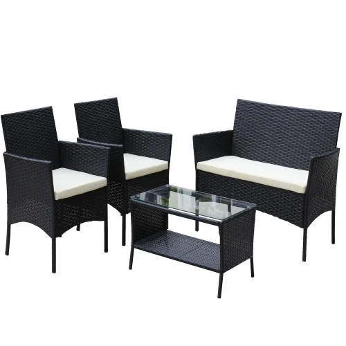 4 PC Rattan Sofa Furniture Set Outdoor Patio Cushioned Seat Wicker Sofa Armchair and Table (Include 3 pc Beige Seat Cushion)