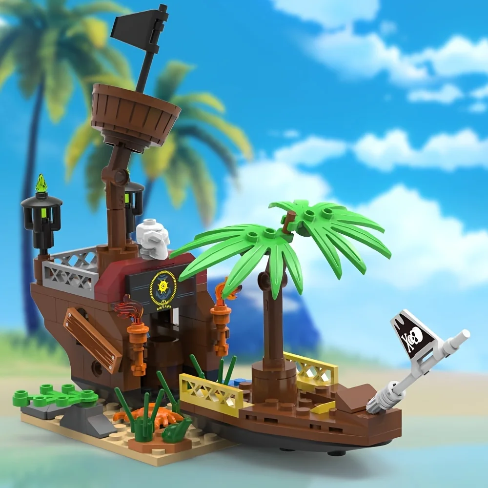 Pirate Ship Building Brick Toy Set - 497pcs, Shoal Island, Pirate Repair Port, with Sharks, Crow, Sunken Treasure