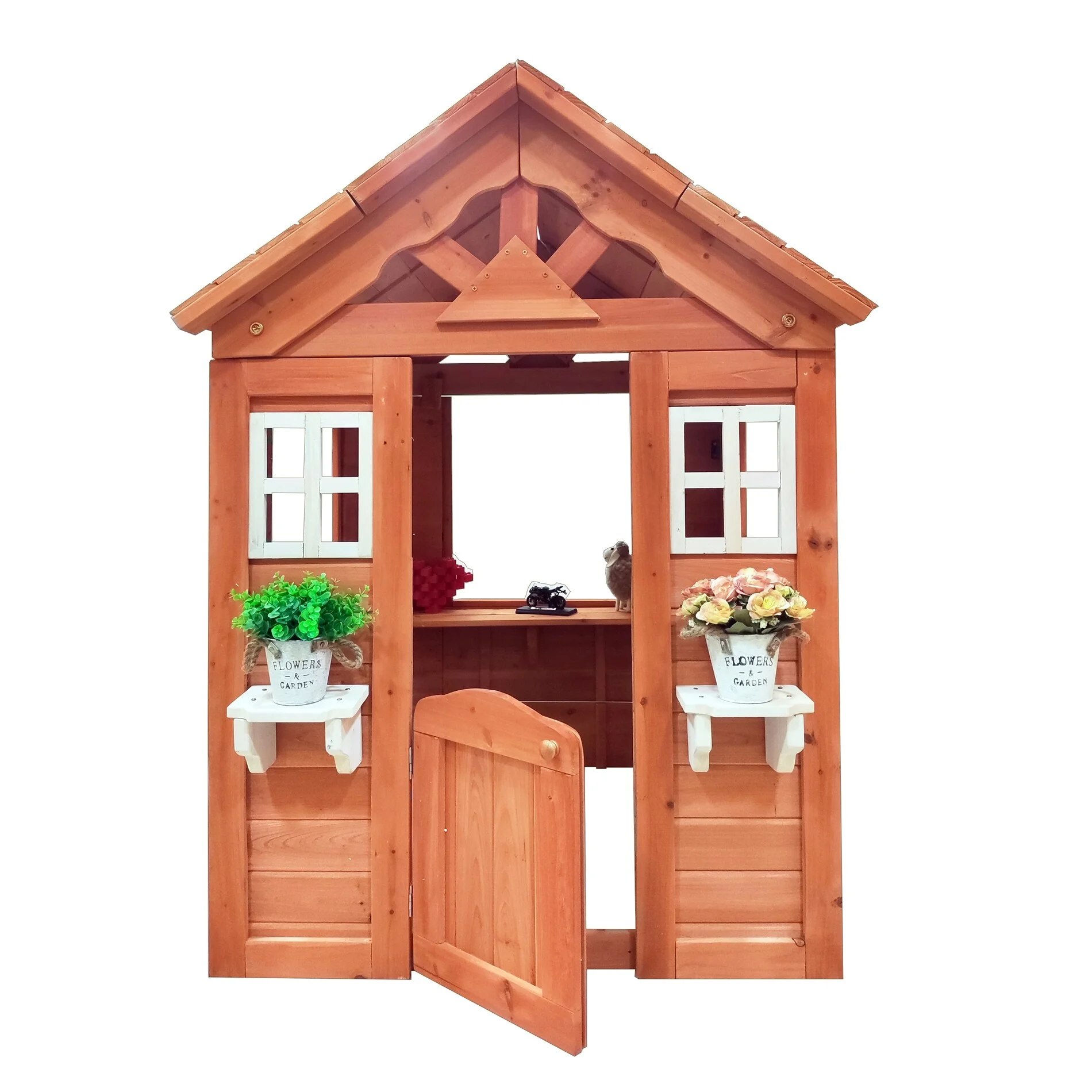 BESTCOSTY Wooden Kids Playhouse with 2 Windows and Flowerpot Holder