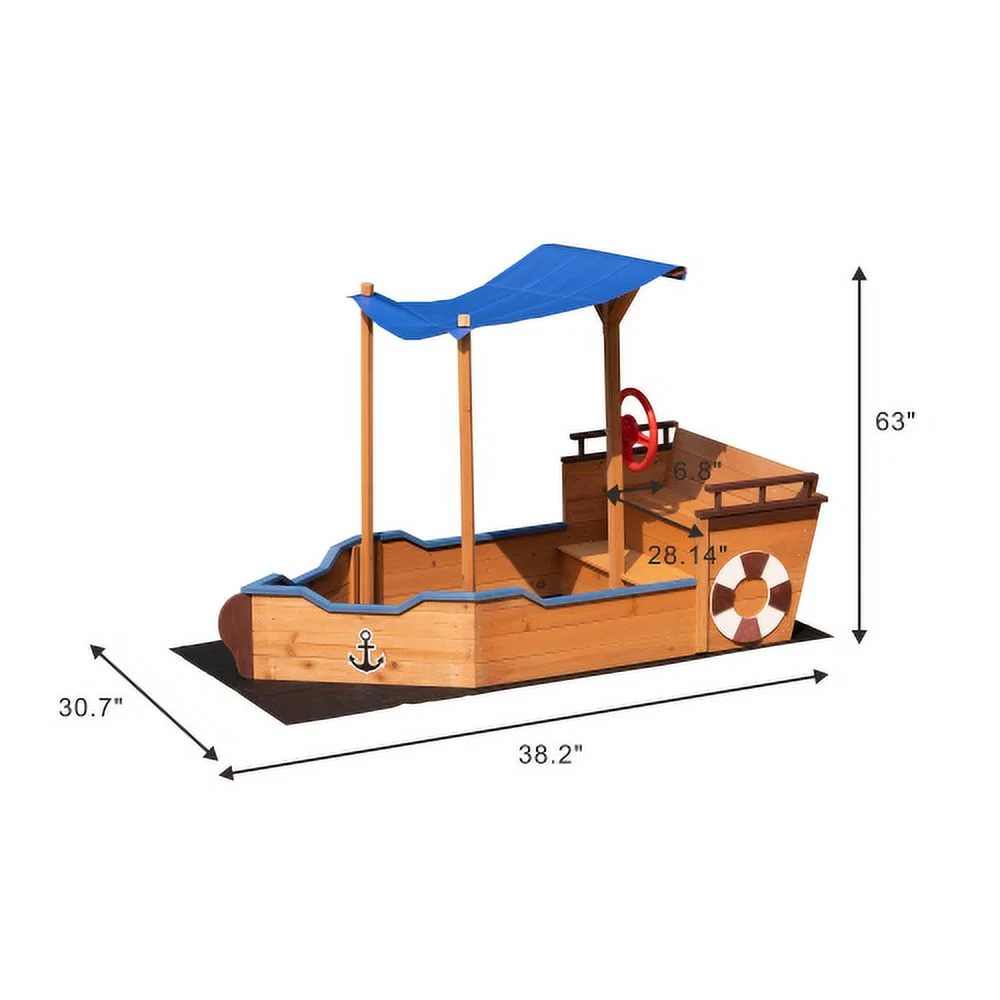 Goldmeet Outsunny Pirate Ship Sandbox with Cover and Rudder, Wooden Sandbox with Storage Bench and Seat, Outdoor Toy for Kids Ages 3-8 Years Old