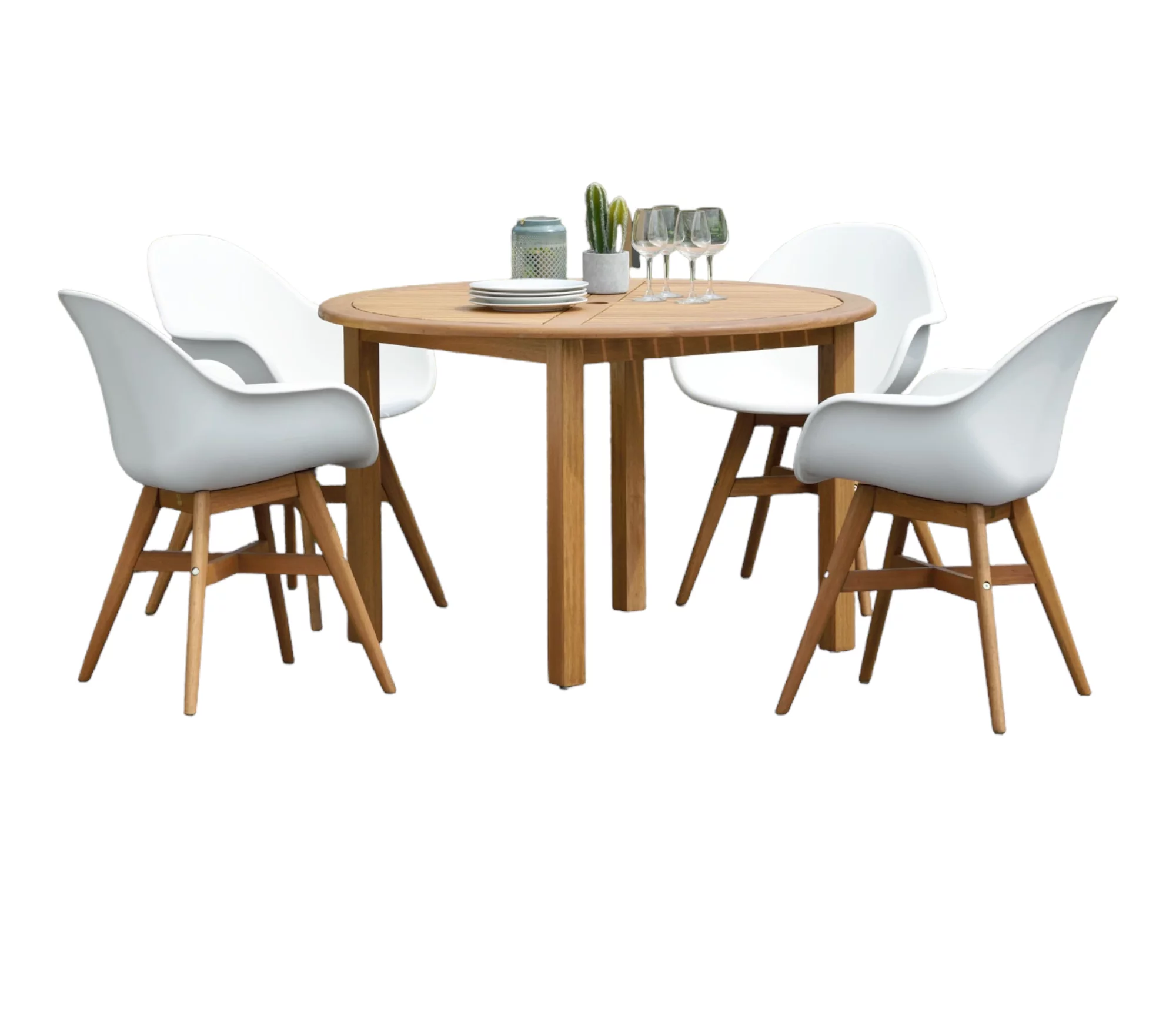 Outdoor Living and Style 5 Piece White and Teak Brown Retro Outdoor Patio Dining Set - 3.75ft