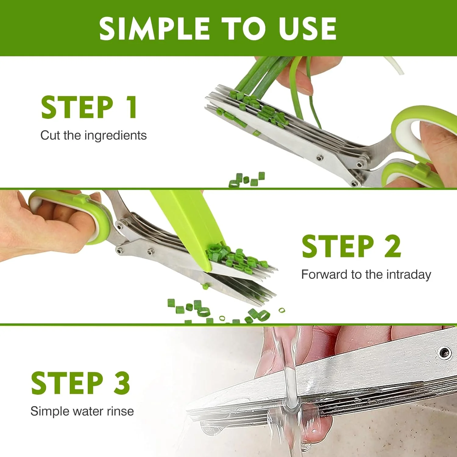 BangShou Herb Scissors Set, Stainless Steel 5 Blade Kitchen Scissors with Safety Cover and Cleaning Comb Kitchen Cutting Gadgets Green