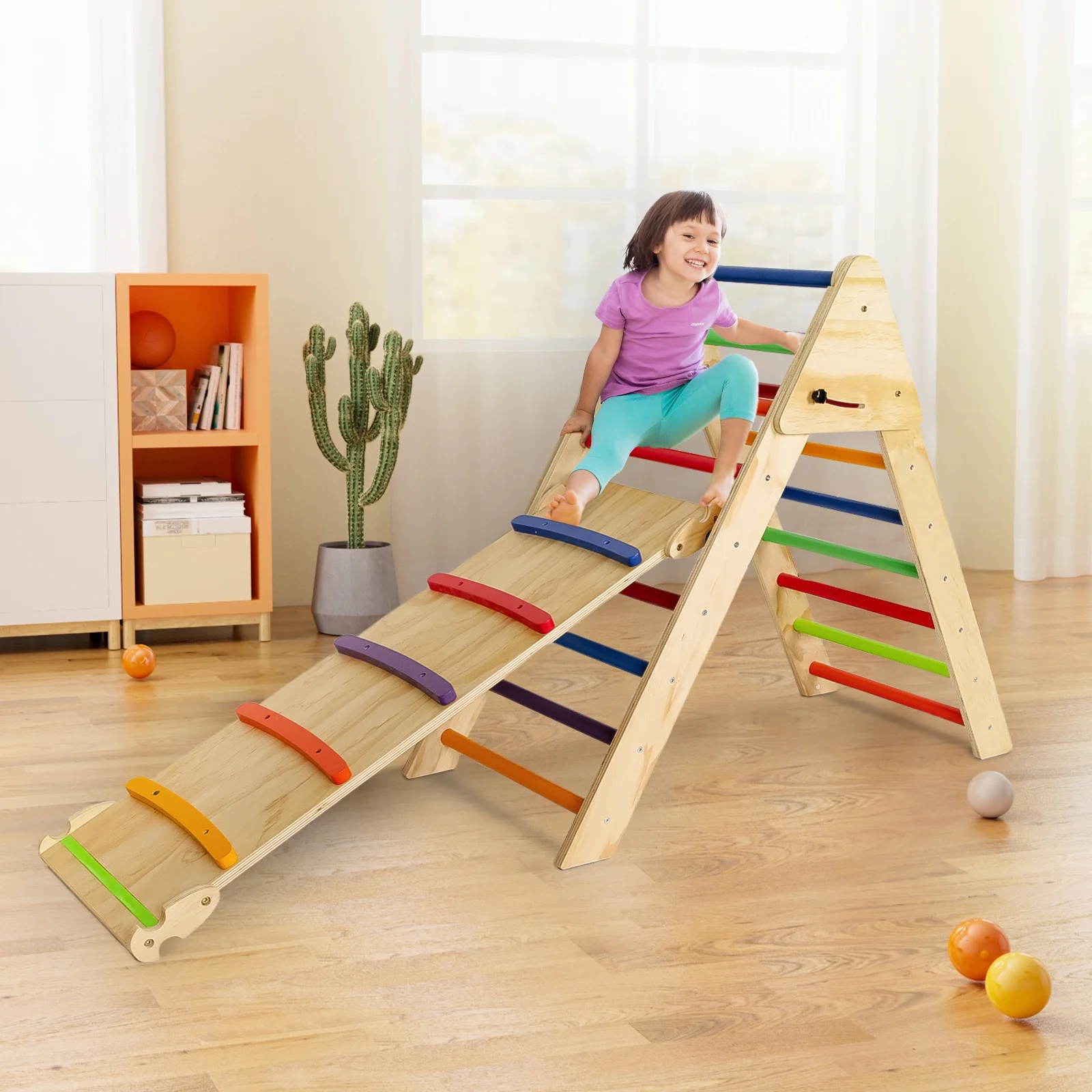 Fionafurn 2-in-1 Wooden Climbing Toy,Reversible Slide, Triangle Indoor Gym Playground Playset, Colorful