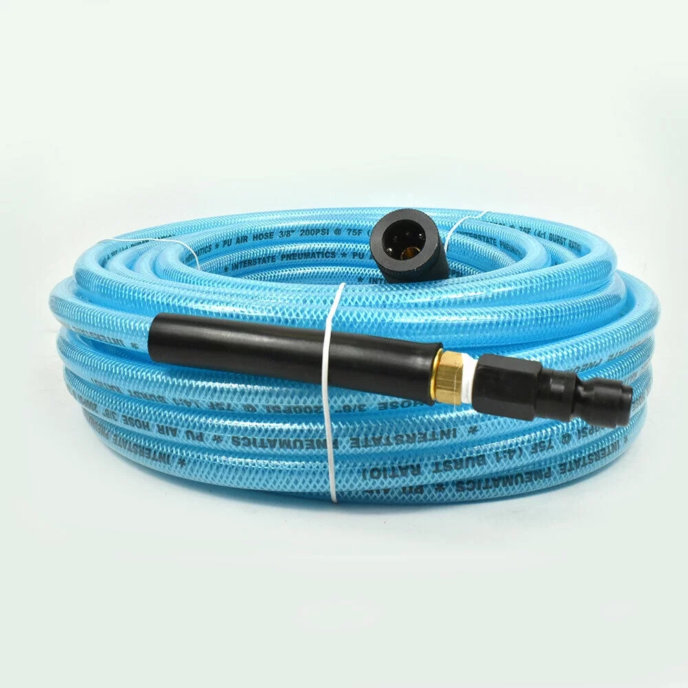 Interstate Pneumatics HU16-050A64 Light Blue Polyurethane (PU) Hose 3/8 Inch x 50 feet 200 PSI with One 3/8 Inch Automotive Coupler & One 3/8 Inch Automotive Coupler Plug