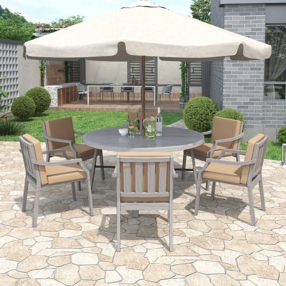 Outdoor Dinning Set 6-Person Outdoor Wooden Dinning Set with an Umbrella Hole and Removable Cushions for Patio, Backyard, Garden, Antique Gray