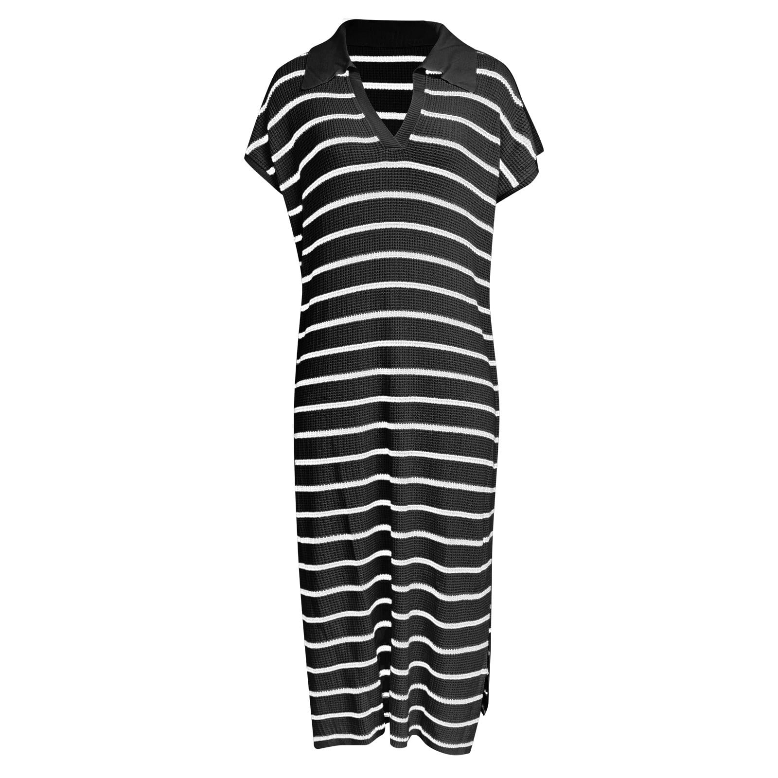 Autumn Cargo Skirt Women Fashion Casual Loose Versatile Striped Dress V Neck Low Slit Sweater Dress White Maxi Skirt