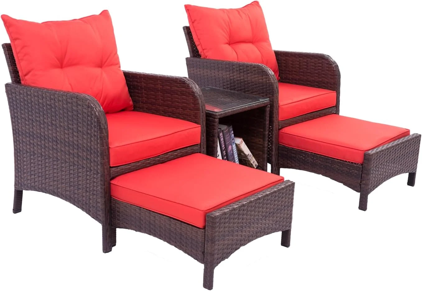 Dina 5 Piece Balcony Furniture Patio Set with Ottoman PE Rattan Wicker Furniture Set with Table Conversation Outdoor Lawn Chairs with Footrest for Lawn Garden Porch (Orange)