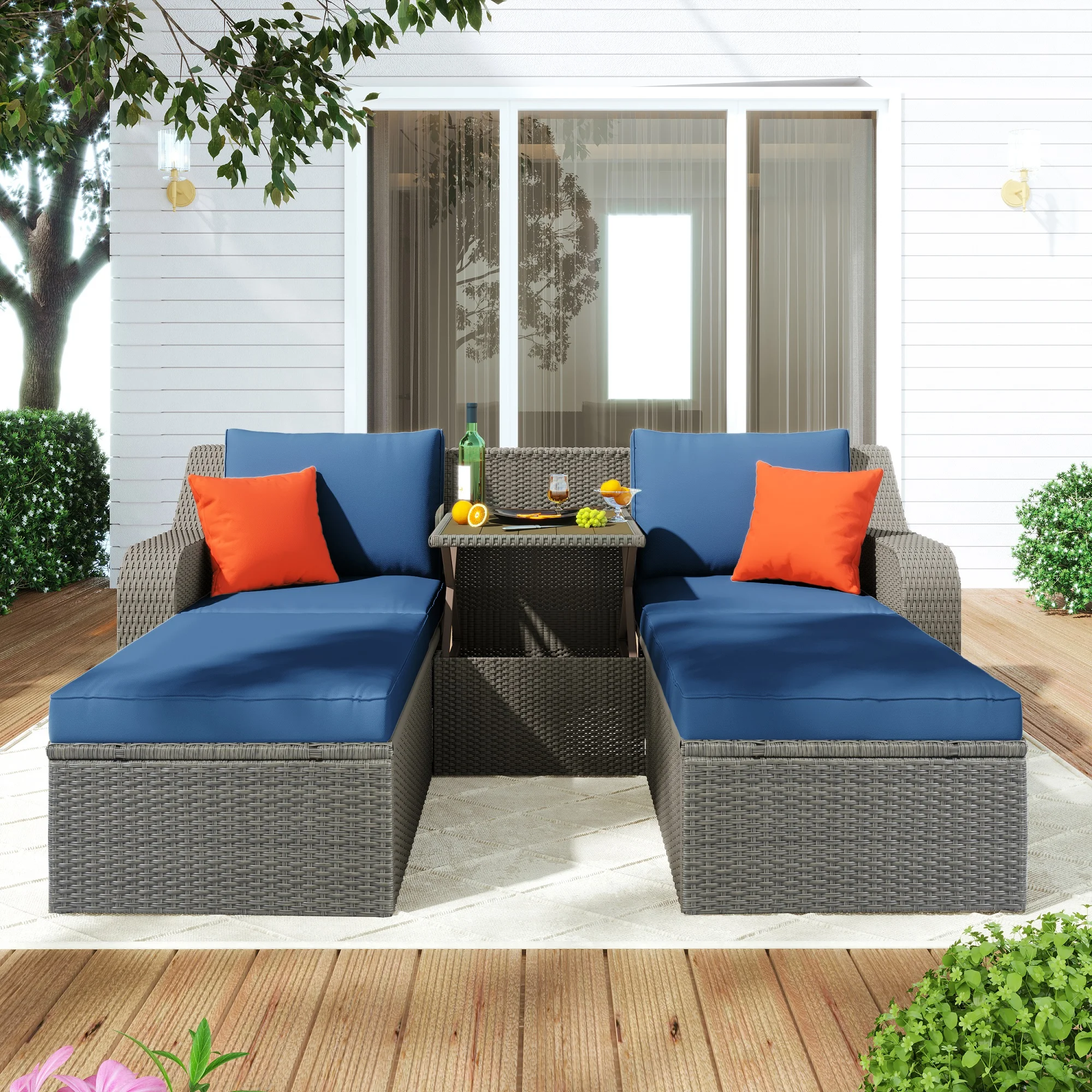 3-Piece Patio Furniture Sets, PE Wicker Rattan Sofa Conversation Chair, Patio Furniture Sofa with Cushions & Pillows & Ottomans & Lift Top Table , Blue