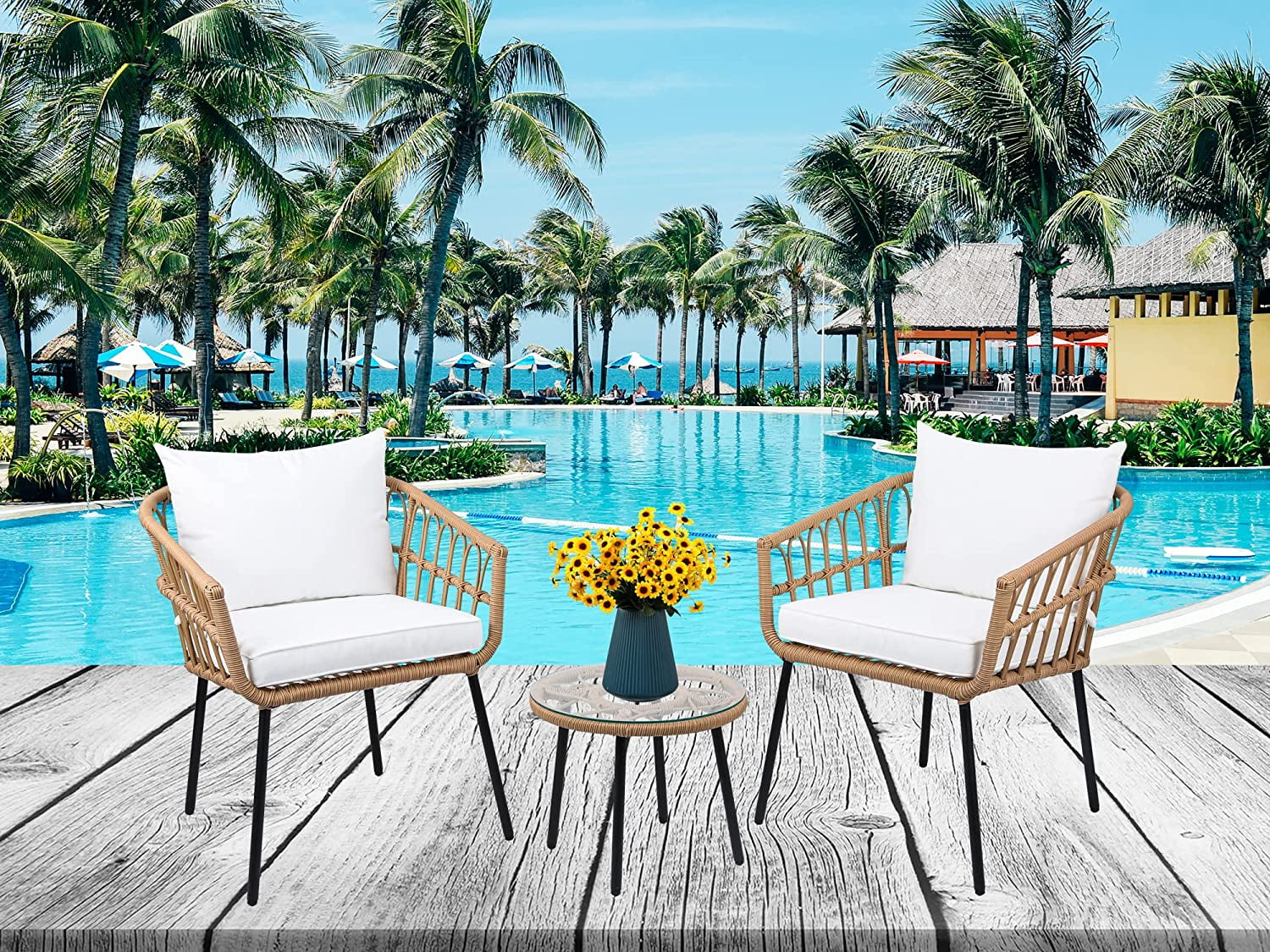 PET 3 Pieces Wicker Outdoor Patio Chairs with Round Table & Cushions  All-Weather Rattan Patio Furniture Set  Outdoor Sectional Sofa for Patio  Balcony  Backyard  Deck