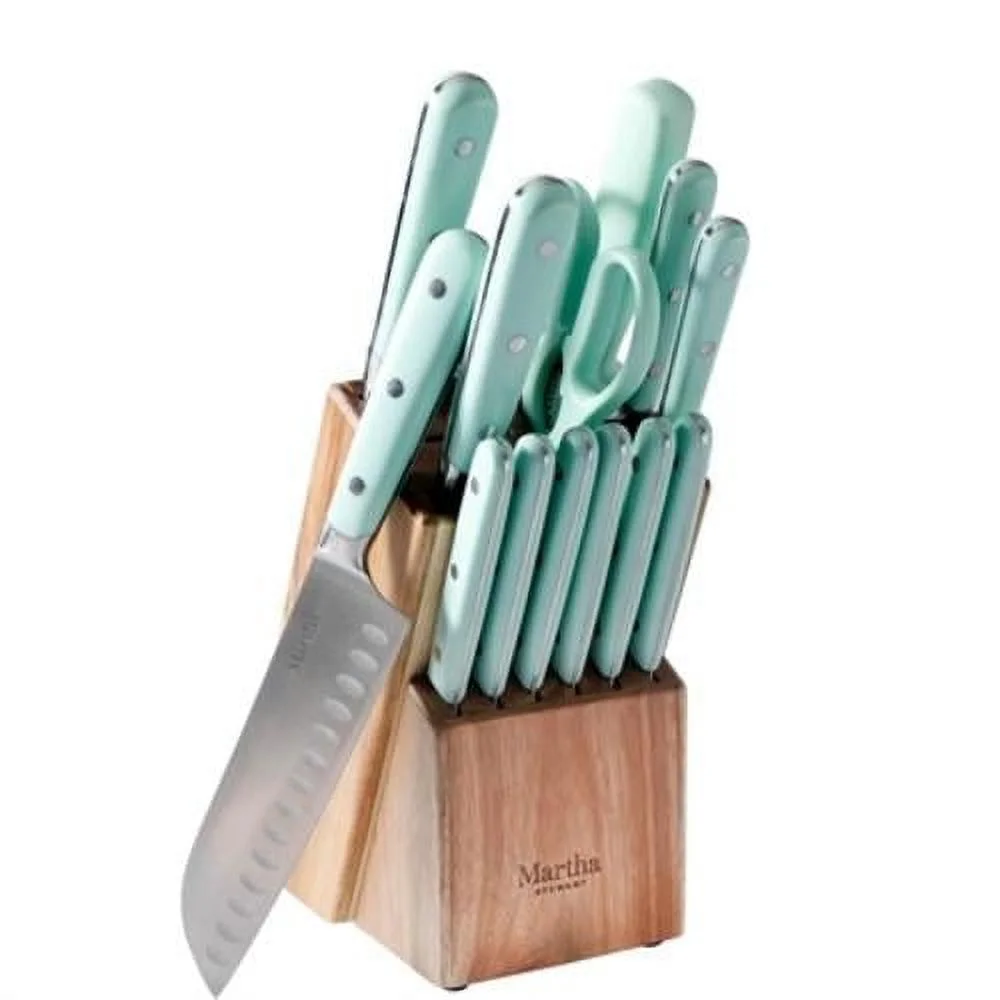 MARTHA STEWART 14-PIECE CUTLERY SET, Green with Wood Block