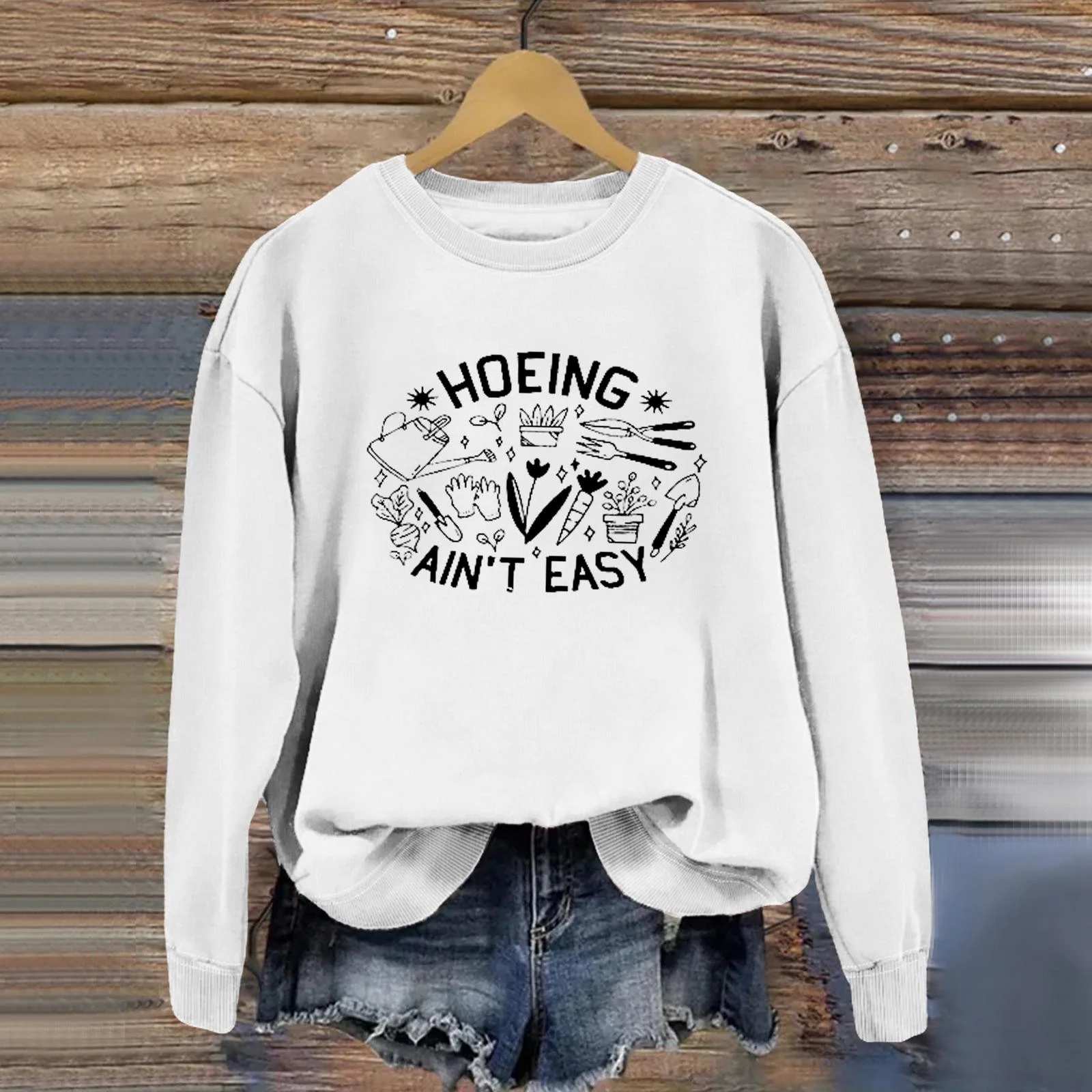 TKAOPKFD ”HOEING AIN'T EASY“ for Women Cute Friends Hooded Sweatshirt Shirt Plus Size Funny Short Sleeve Letter Print Tops