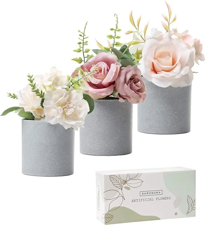 SAROSORA Artificial Flowers in Pots Rose & Peony Arrangement for Living Room Home Wedding Decor Indoor Gift | Faux Fake Flower- 6 Inch Set of 3 (Round)