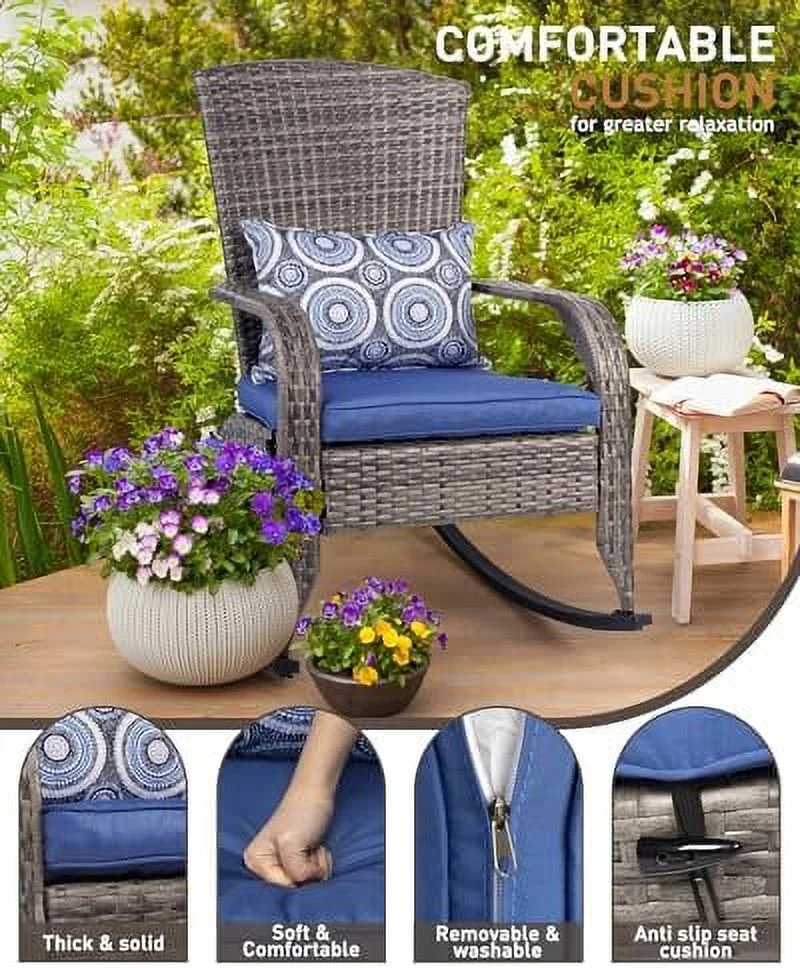 CHIOPKM Patio Rocking Chair- Wicker Rocking Chairs Outdoor with Cushions and Pillow  All-Weather Outdoor Rocker Chair with 2 Replaceable Cushion Covers (White & Blue) 350lbs